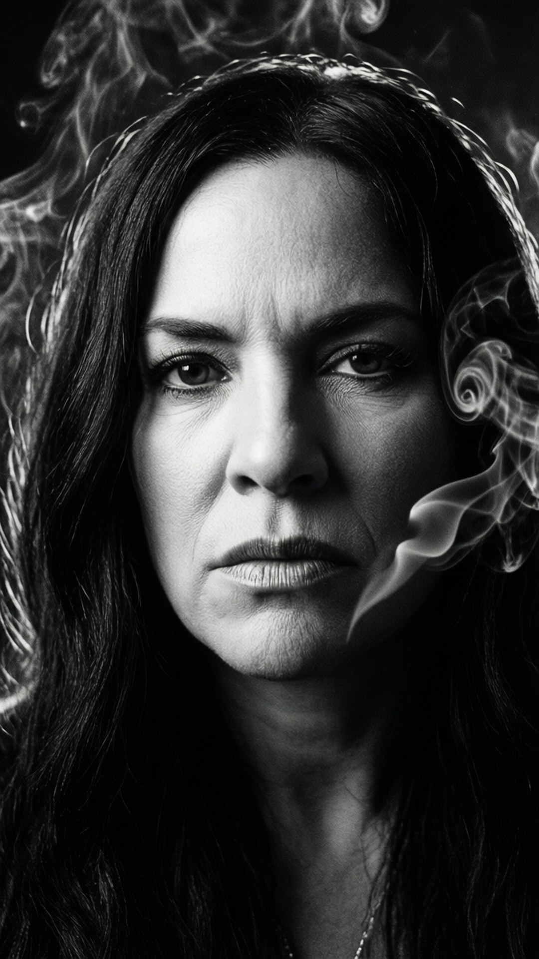 Monochrome Smoke Portrait 壁紙 — 一位長黑髮、煙熏眼的女性的黑白肖像，煙霧繚繞在她的臉龐。