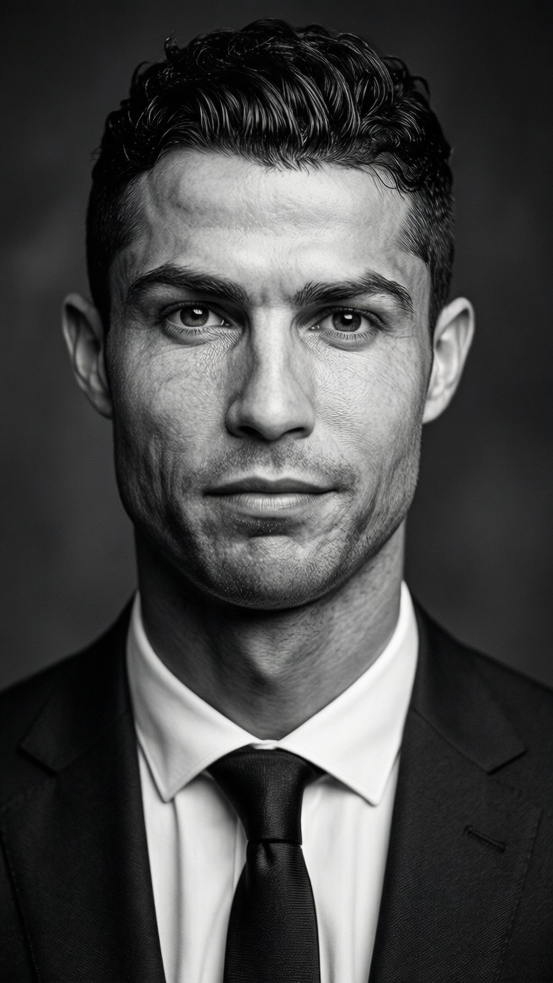 Lock Screen Ronaldo 桌布 壁紙 — 一張黑白肖像，Cristiano Ronaldo 身穿西裝，在深色背景下帶著嚴肅而強烈的眼神。