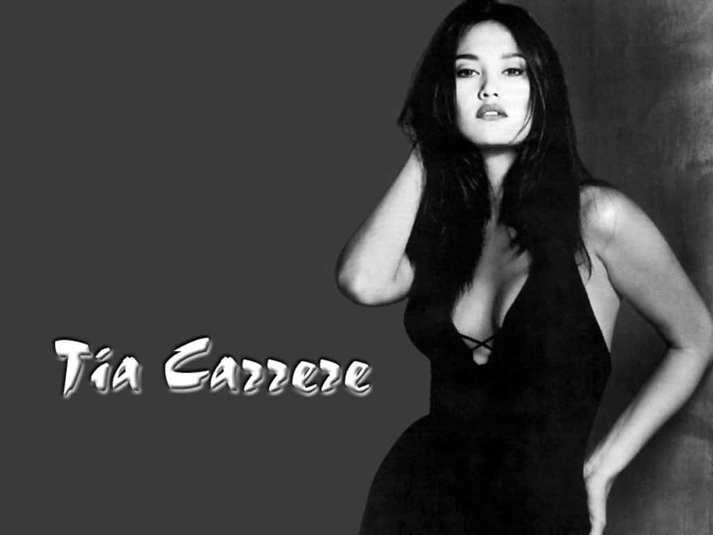  壁紙 — Tia Carrere 的黑白肖像，她自信地擺姿勢，穿著深色連衣裙，背景是純灰色。