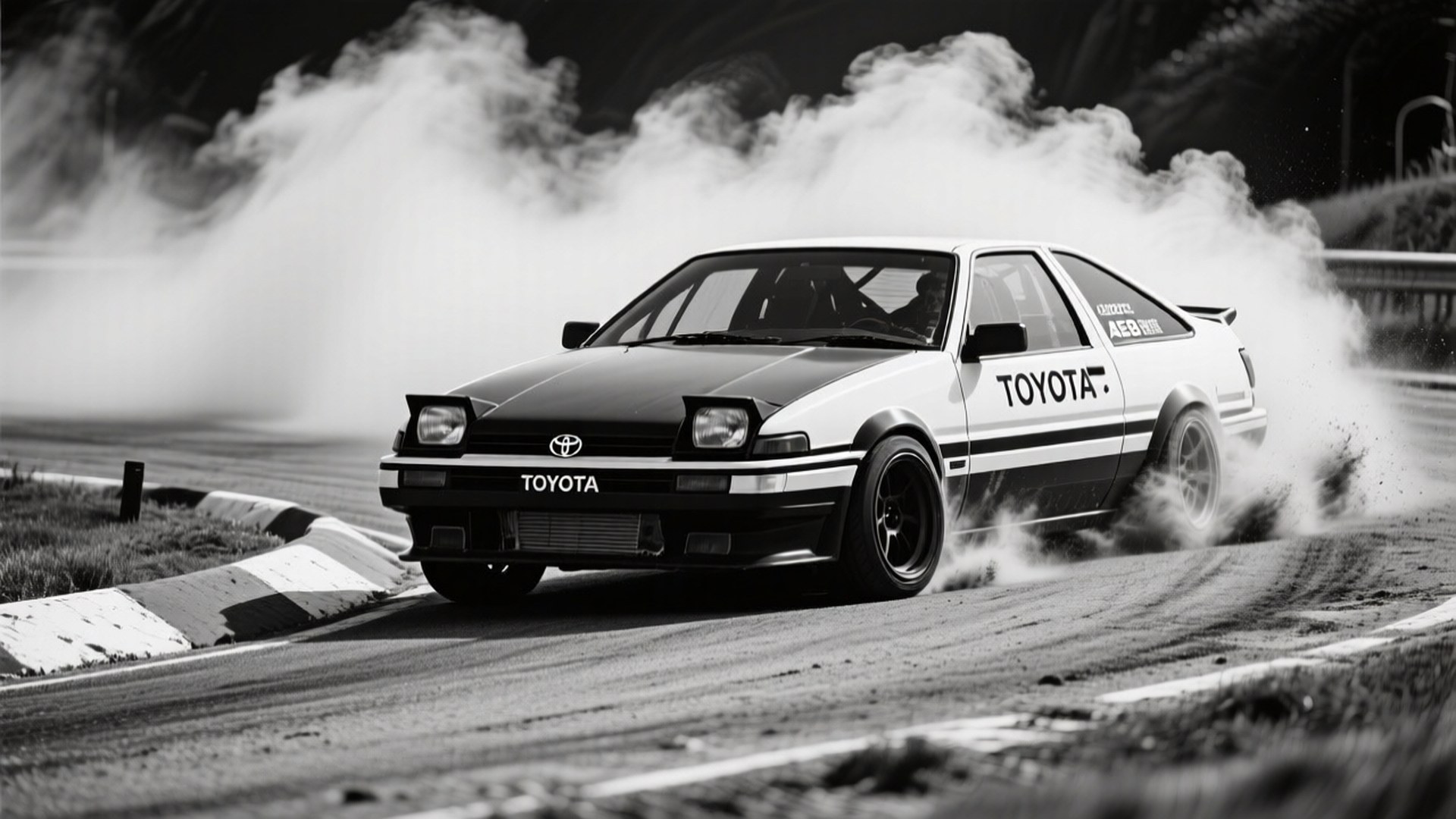 Monochrome Drift 壁紙 — 一輛黑白相間的豐田AE86在賽道上激進地甩尾，輪胎揚起濃煙。