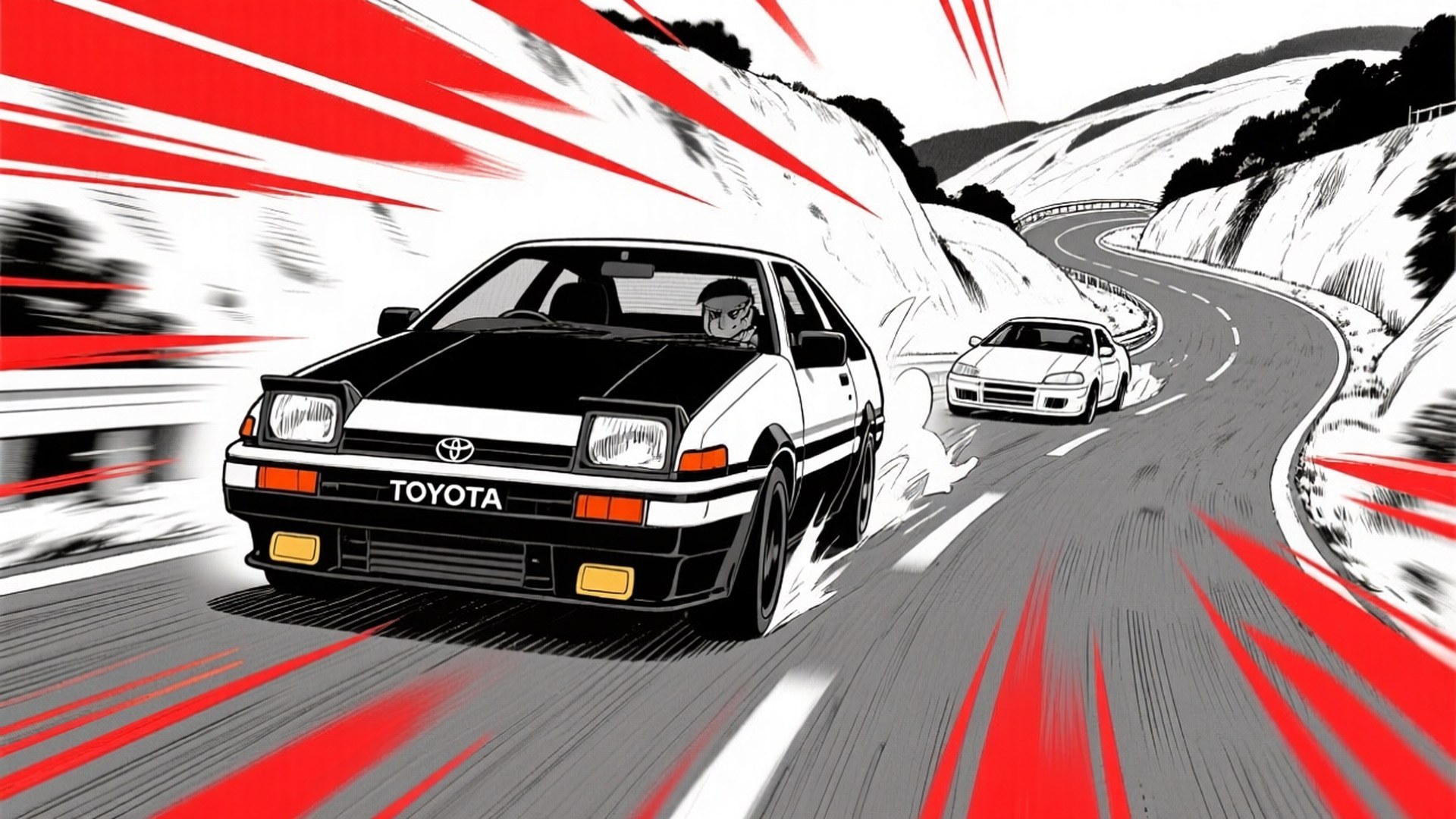 一輛黑白豐田AE86在蜿蜒的山路上飄移，帶有紅色運動線。 — 頭文字D 壁紙