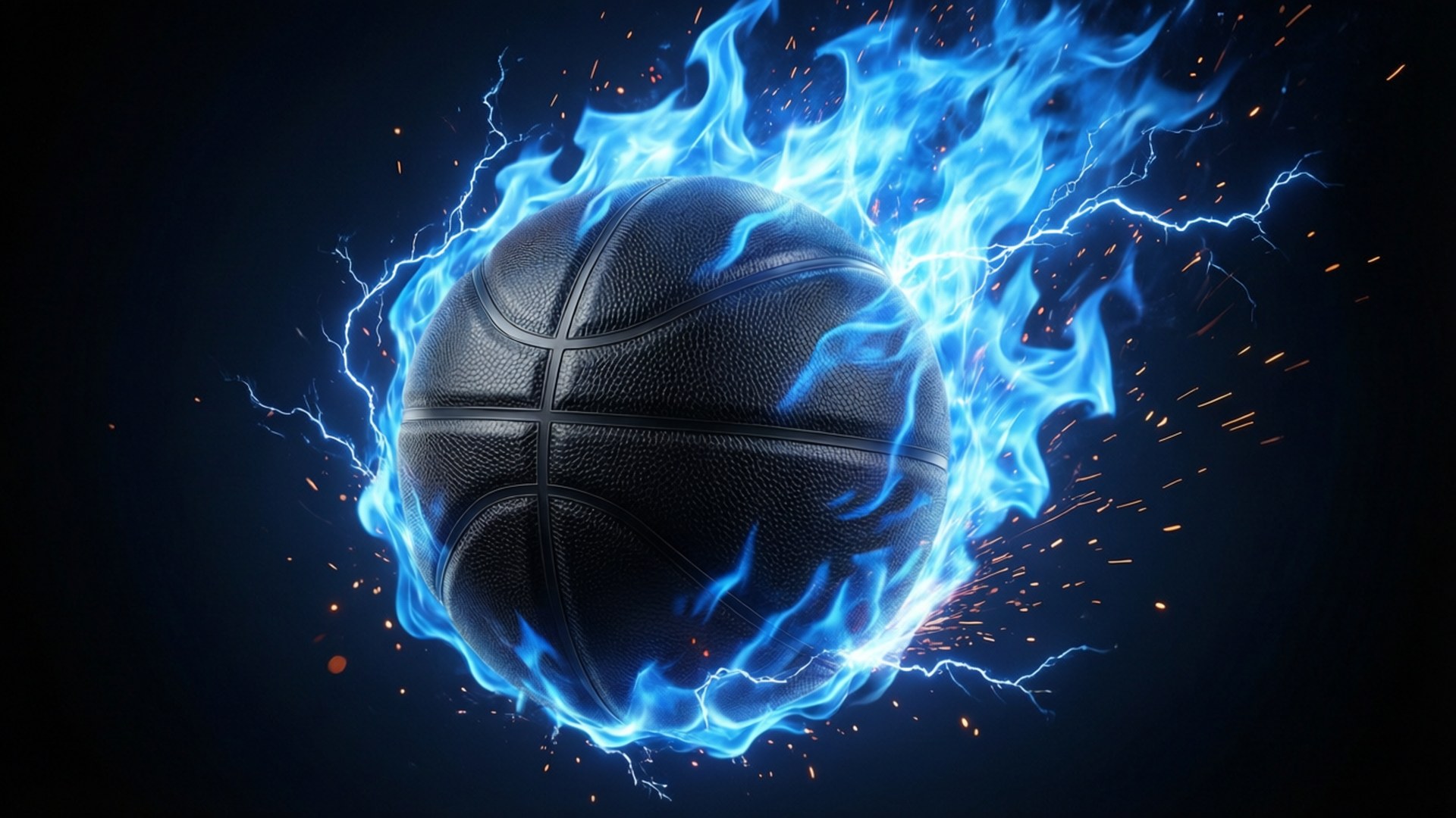 Fire and Lightning Ball 壁紙 — 一個黑色籃球被電藍色火焰和閃電包圍，背景為深色。