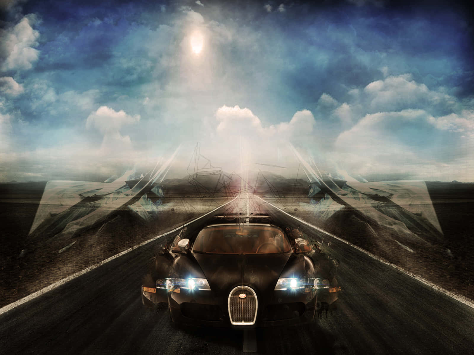 Bugatti Veyron 桌布 壁紙 — 一輛黑色布加迪在戲劇性的多雲天空下，頭頂明亮的太陽，在沙漠公路上疾馳。