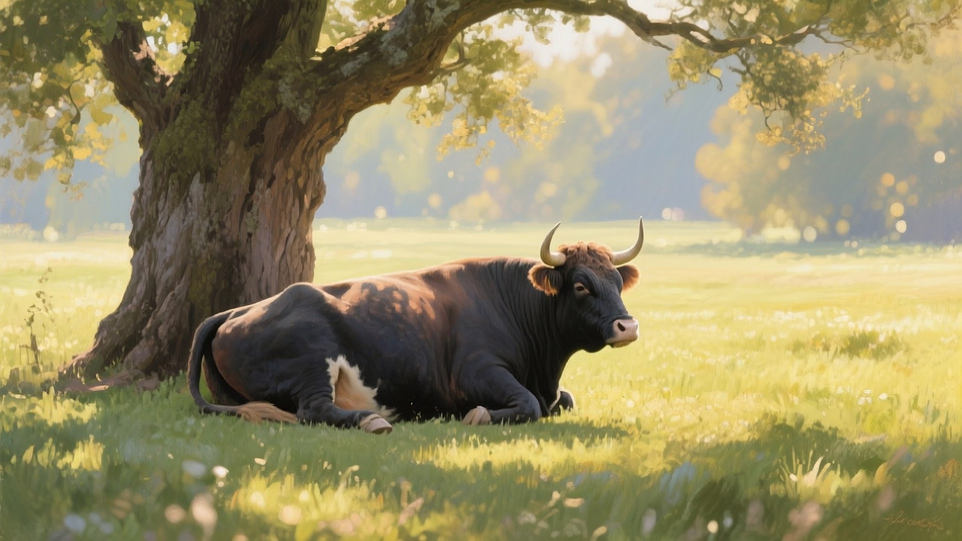 Ox Under Oak 壁紙 — 一頭黑色公牛長著彎曲的角，在陽光明媚、野花點綴的草地上，一棵長滿苔蘚的樹下安詳地休息。