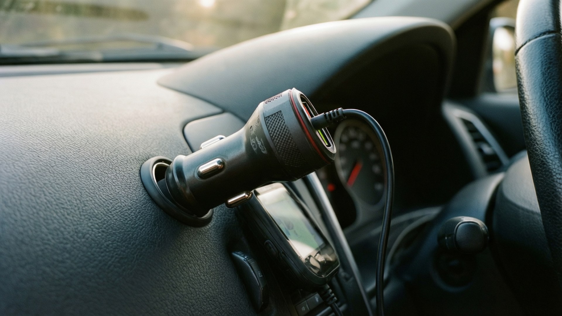 Road Trip Power 壁紙 — 一個黑色汽車充電器插入儀表板插座，為GPS設備供電，陽光透過擋風玻璃照射進來。