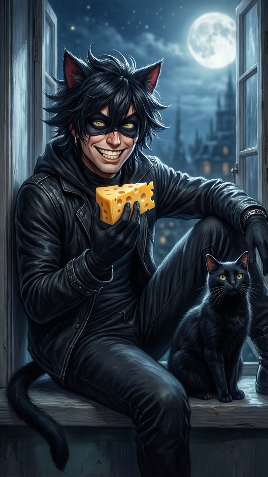 Mischief with Cheese 壁紙 — 一個戴黑貓面具、身穿皮革的男人在月光下的窗台上，拿著起司，旁邊有一隻真正的黑貓。