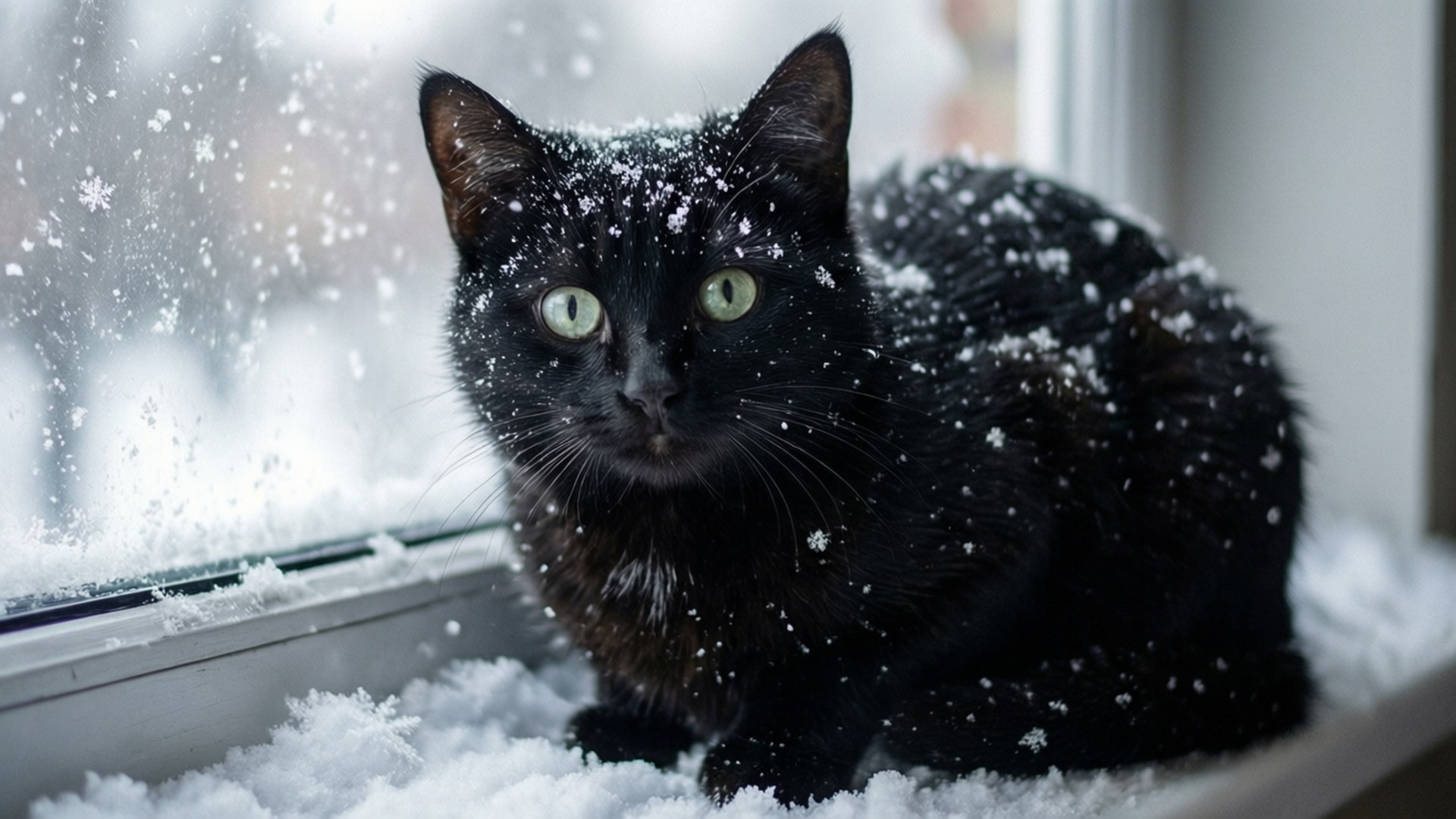 Cat with Snowflakes 壁紙 — 一隻綠眼睛的黑貓坐在窗台的雪上，外面雪花飄落。