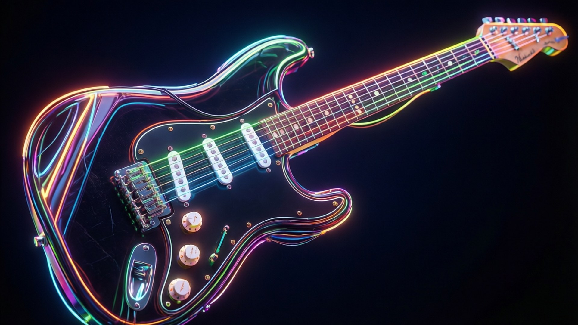 Electric Guitar 壁紙 — 一把黑色電吉他，在深色背景上以鮮豔的霓虹燈勾勒出輪廓。