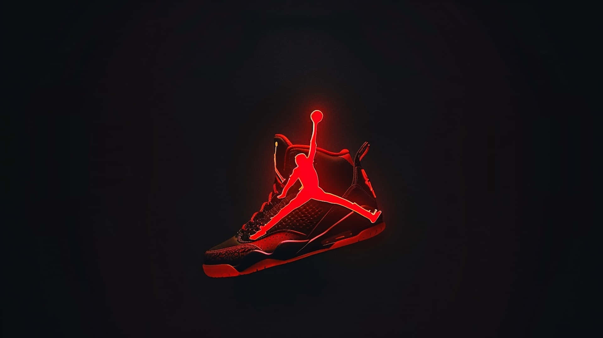  壁紙 — 一雙黑色 Jordan 運動鞋在深色背景上散發出鮮紅色 Jumpman 標誌的輪廓光芒。