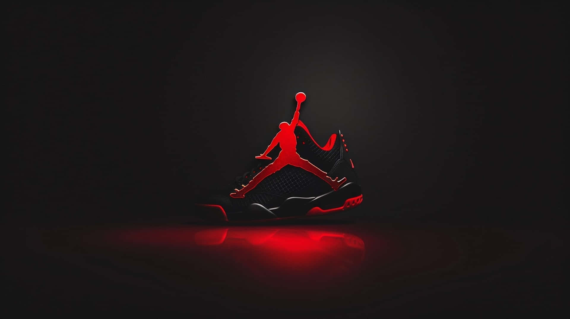  壁紙 — 一雙黑色Jordan運動鞋在深色背景下散發出鮮豔的紅色光芒，並以剪影形式呈現標誌性的Jumpman標誌。