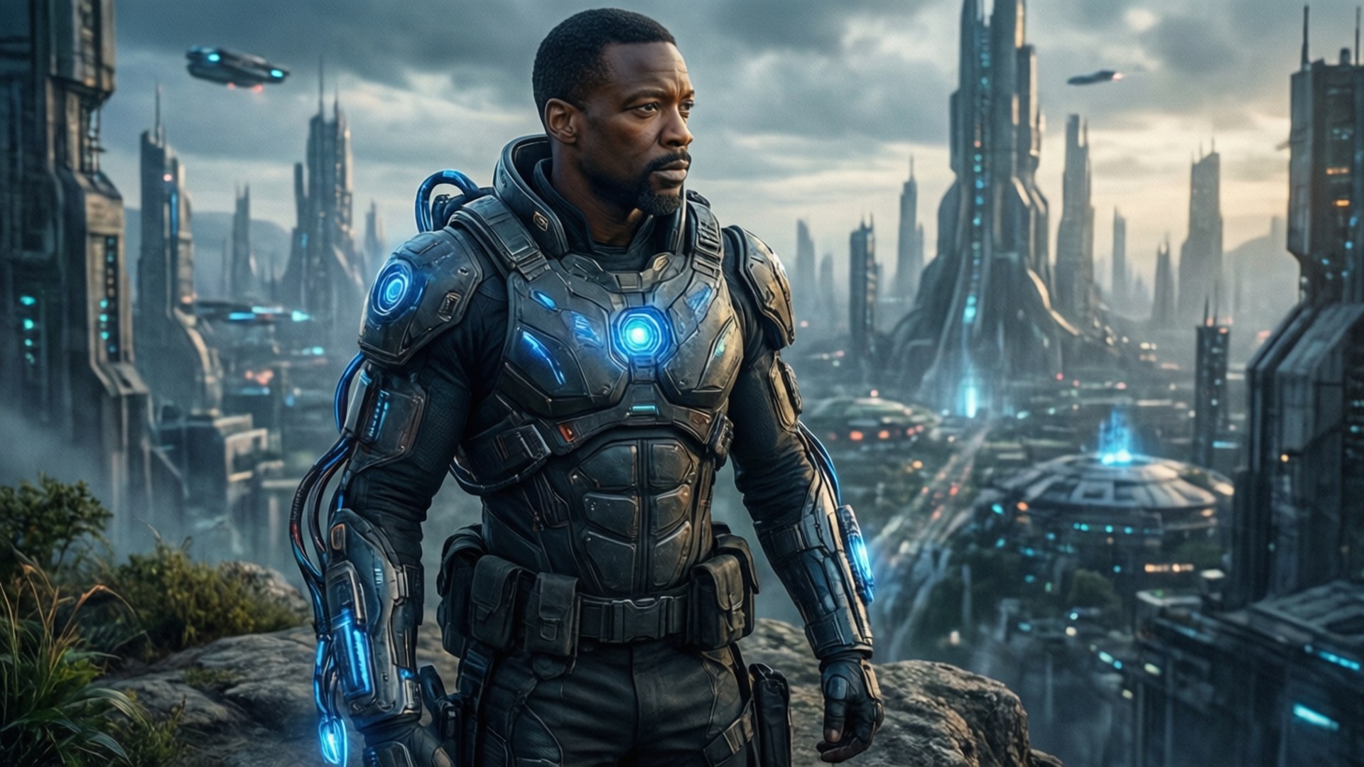 Cyber Soldier Mackie 壁紙 — 一個穿著未來裝甲的黑人男子站在懸崖上，俯瞰著一個擁有飛行車輛和發光塔樓的龐大賽博龐克城市。