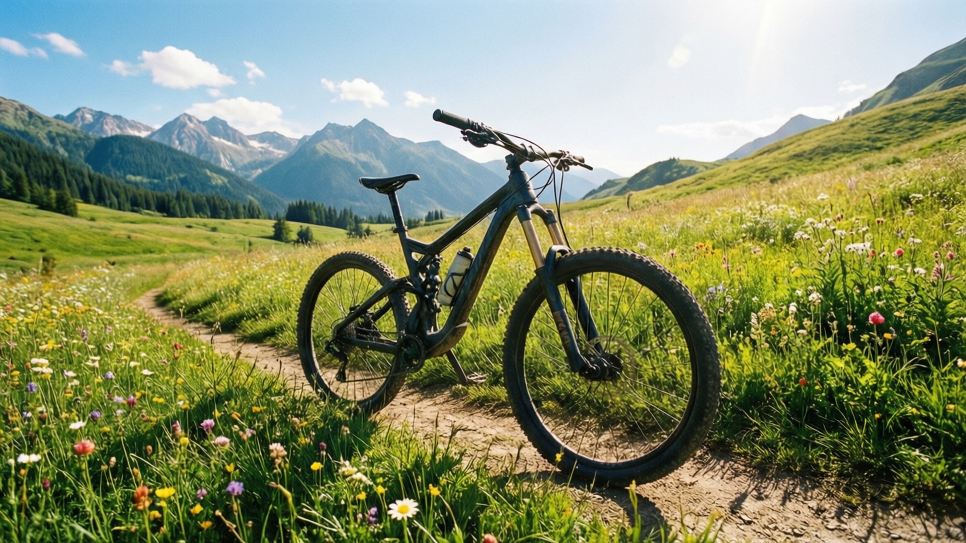 Meadow Ride 壁紙 — 一輛黑色登山自行車停在一條穿過陽光明媚、開滿野花的草地的泥土小徑上，遠方有積雪的山峰作為背景。
