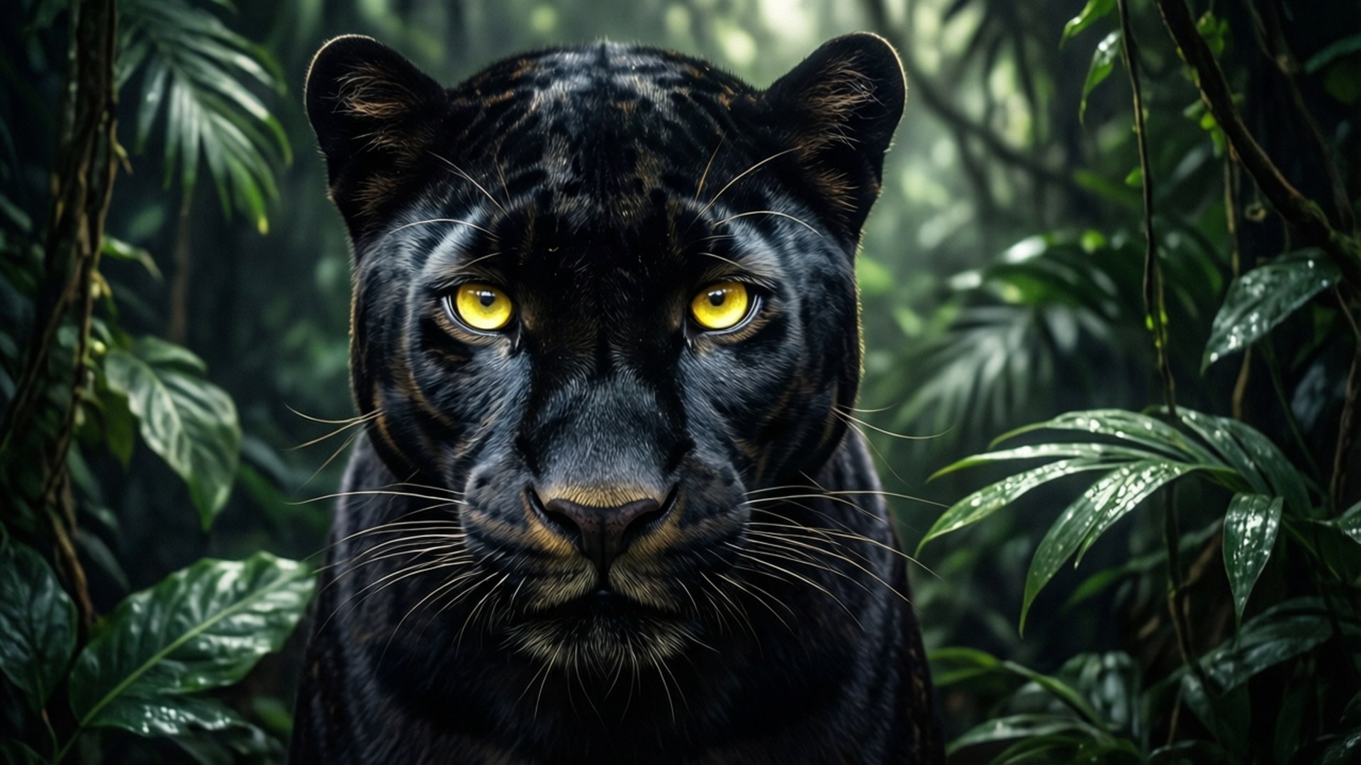 Black Panther Glow 壁紙 — 一隻擁有發光黃色眼睛的黑豹，從潮濕樹葉環繞的茂密綠色叢林中凝視著。