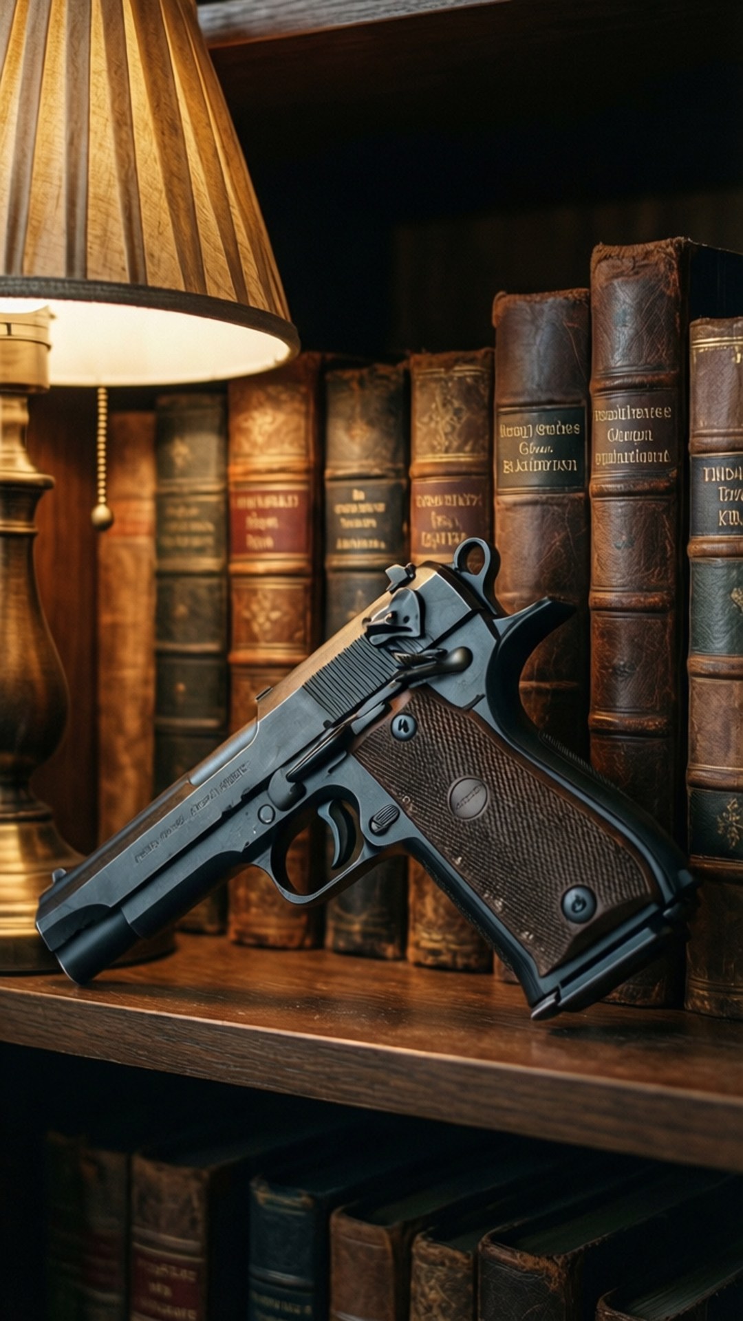 Gun Amongst Tomes 壁紙 — 一把黑色手槍配木製握把，放在木架上，旁邊是復古皮革裝訂書籍和點亮的黃銅燈。