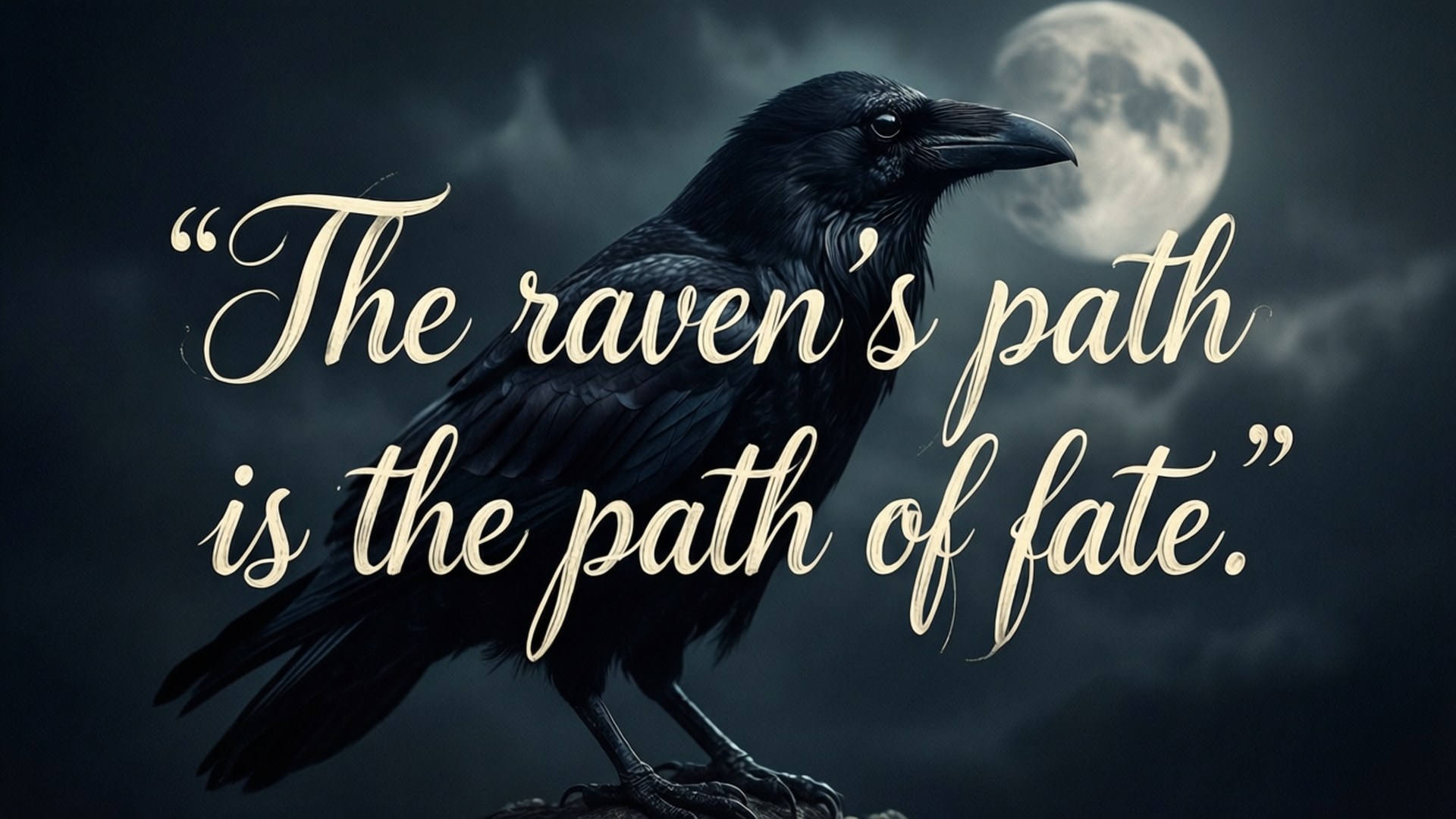 Raven's Fate 壁紙 — 一隻黑色烏鴉棲息在樹枝上，背景是陰暗多雲的天空，身後有一輪滿月，金色草書文字寫著「烏鴉之路是命運之路」。