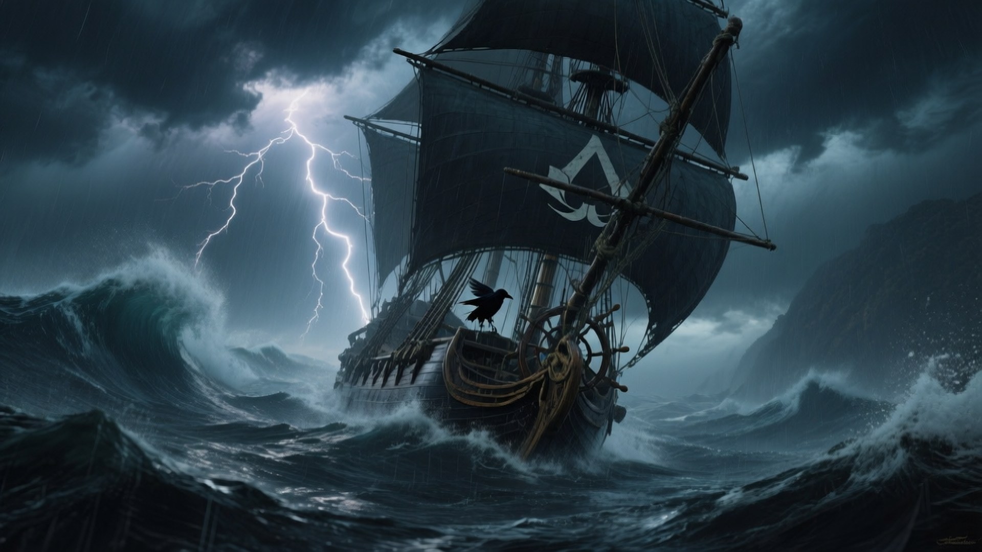Storm Rider 壁紙 — 一艘黑色帆船，船頭棲息著一隻烏鴉，在雷電交加的暴風雨天空下與滔天巨浪搏鬥。