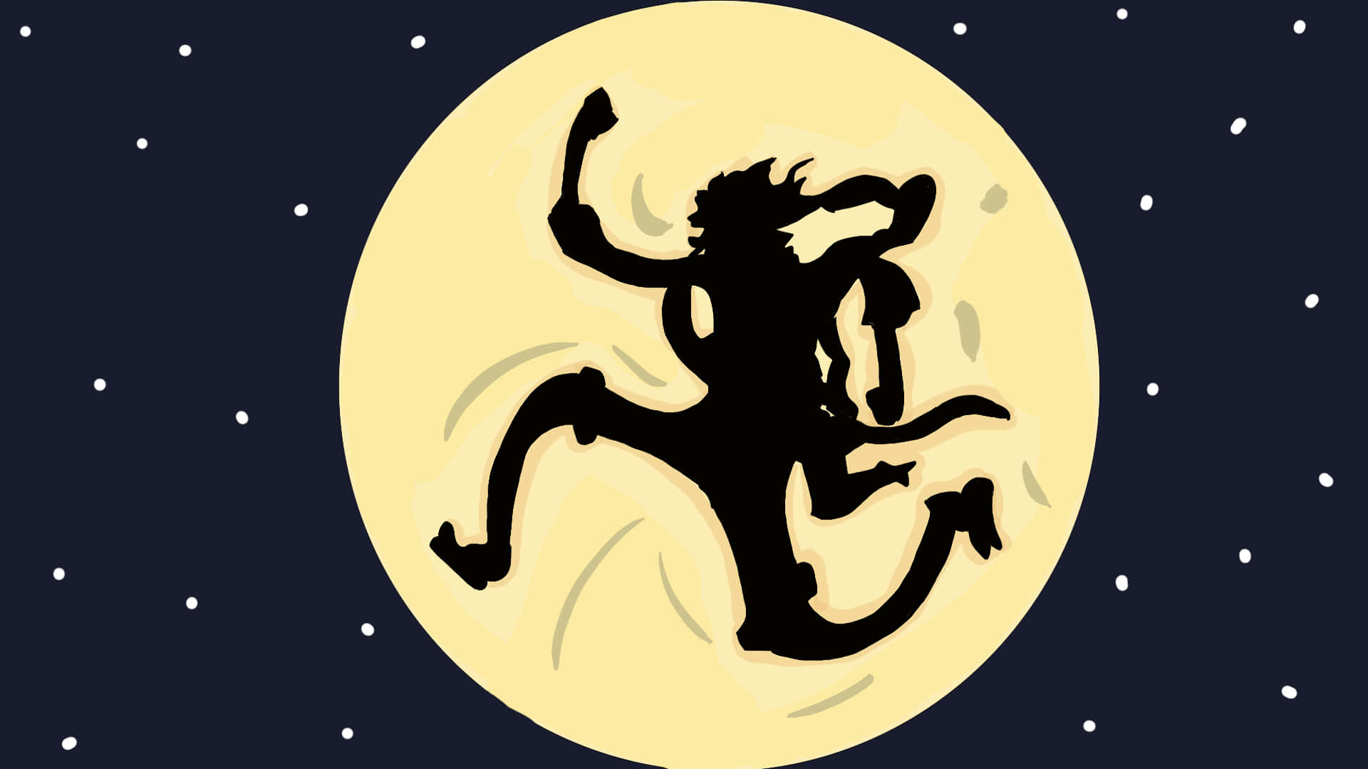  壁紙 — 一隻頑皮猴子的黑色剪影，在繁星點點的夜空下，躍向一輪發光的滿月。