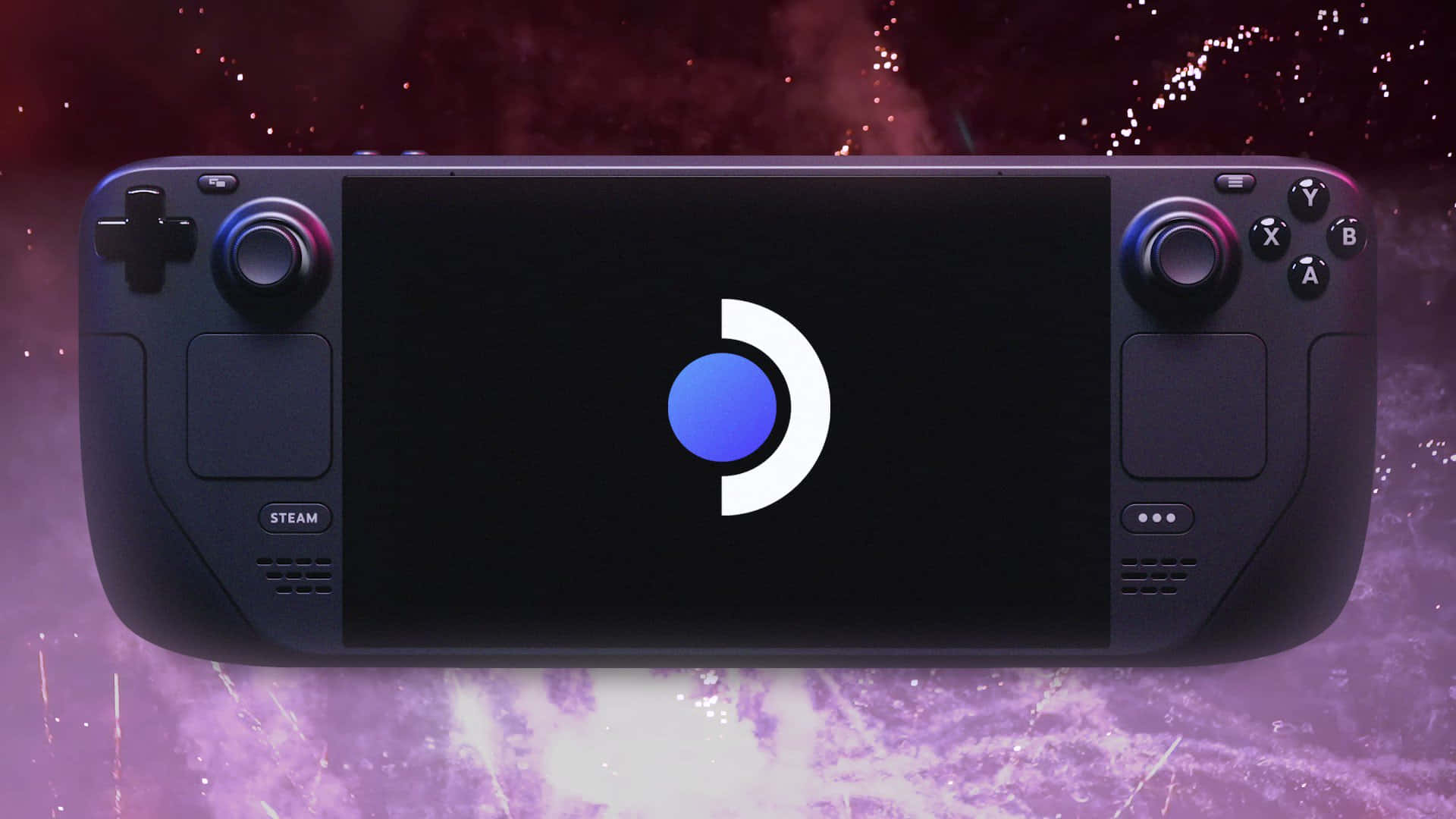  壁紙 — 一台黑色Steam Deck掌上遊戲機在宇宙紫色和紅色星雲背景上顯示藍色和白色的載入圖示。