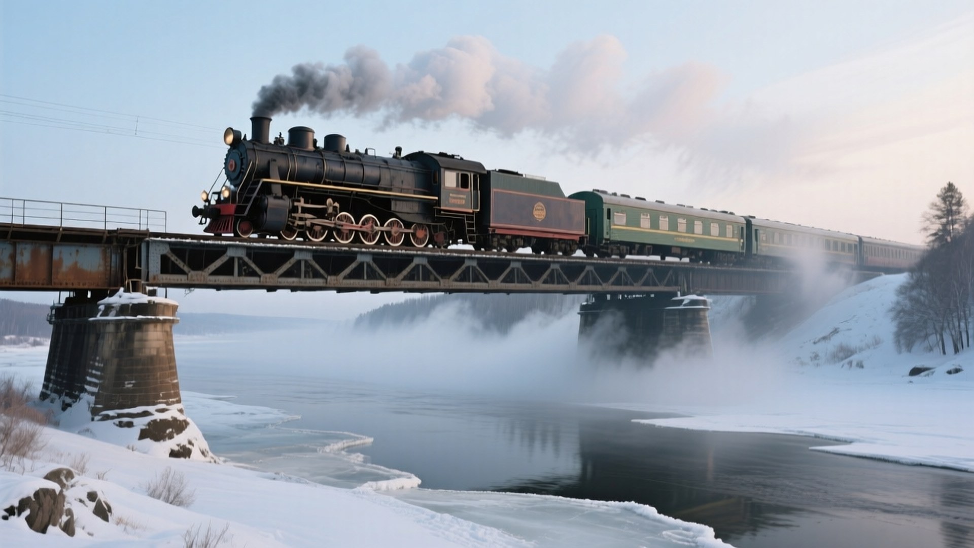 Trans-Siberian Crossing 壁紙 — 一輛黑色蒸汽機車牽引著綠色客車，穿過一座金屬橋，跨越霧氣瀰漫的冰封河流，置身於白雪皚皚的冬季景觀中。