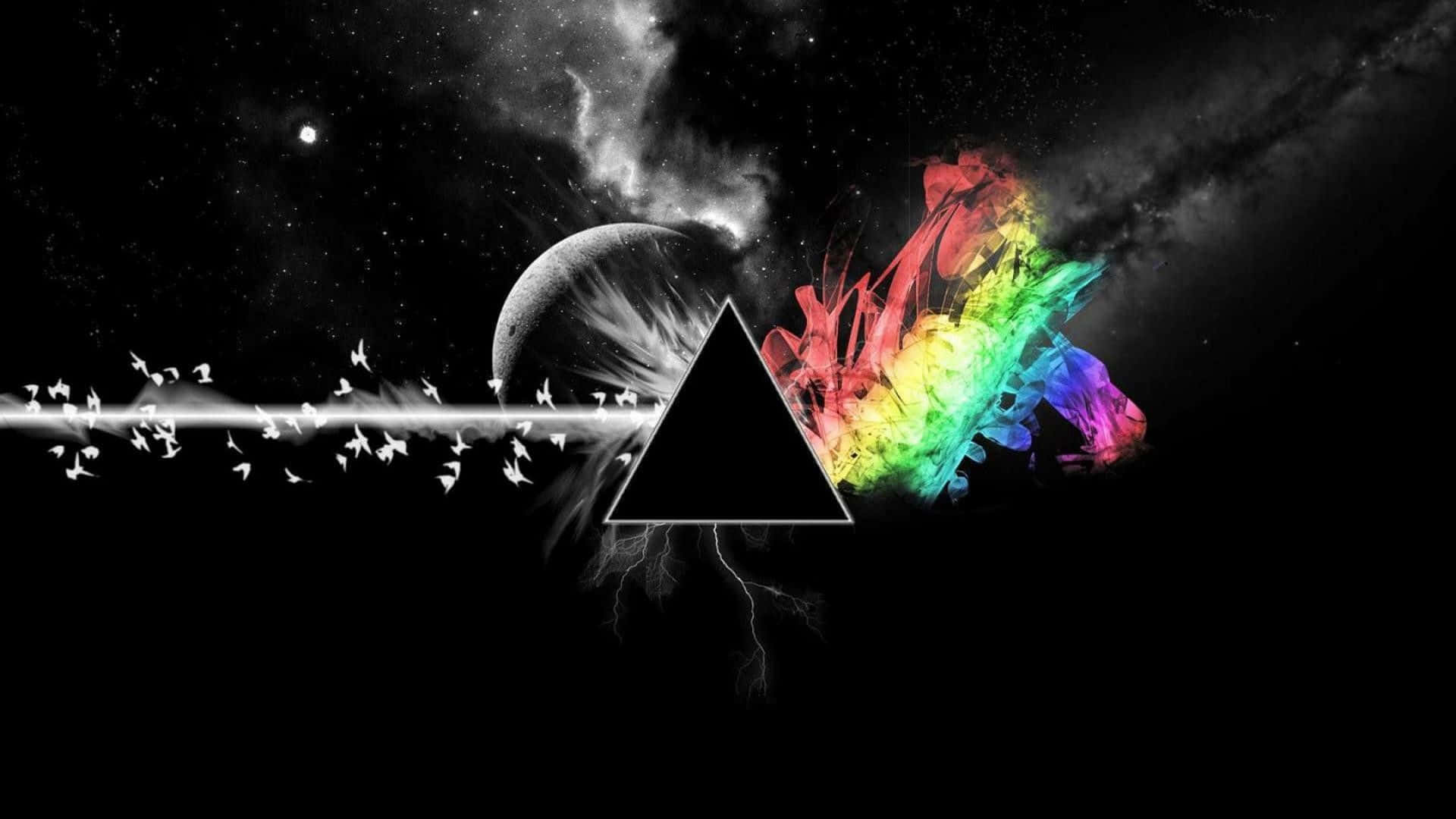  壁紙 — 一個黑色三角形將宇宙場景一分為二，一邊是單色行星和鳥類，另一邊是充滿活力的彩虹爆炸。