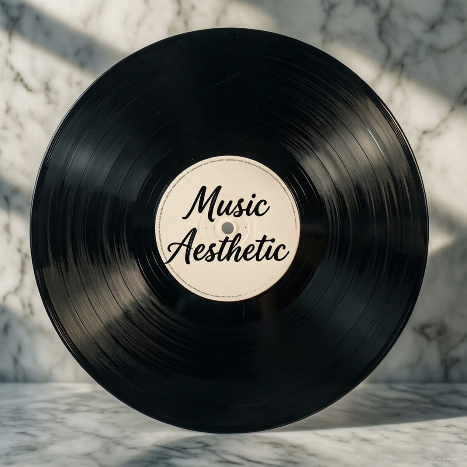 Elegant Vinyl Typography 壁紙 — 一張帶有 'Music Aesthetic' 標籤的黑色黑膠唱片，放在大理石表面上，柔和陽光投射出陰影。