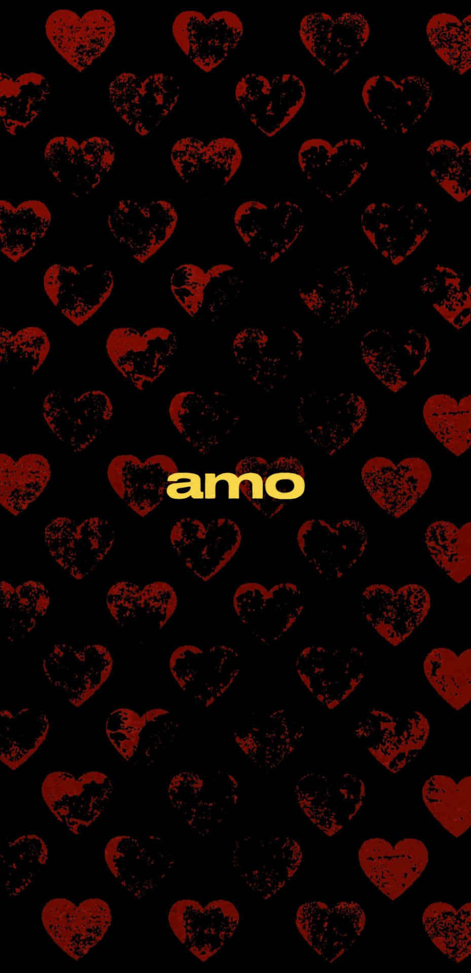 壁紙 — 黑色桌布，帶有磨損的紅色愛心和居中黃色「amo」文字。