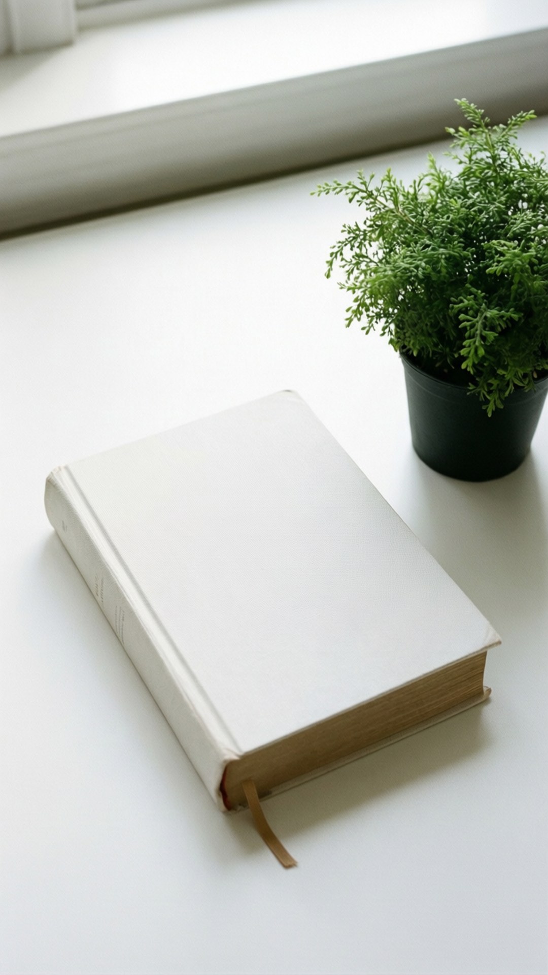 Minimalist White 壁紙 — 一本空白白色書本放在明亮的白色窗台上，旁邊有一棵小綠色盆栽植物。