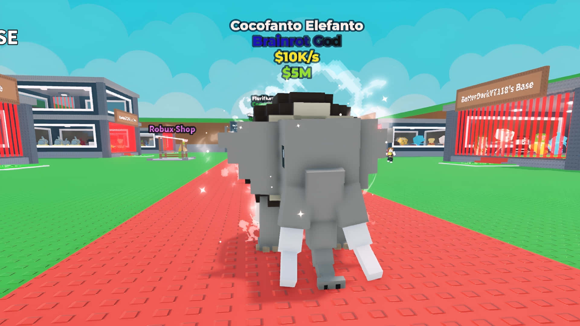  壁紙 — 一隻白色象牙的方塊灰色大象在色彩繽紛的Roblox風格遊戲世界中沿著紅色小路行走，旁邊有商店和天空文字。