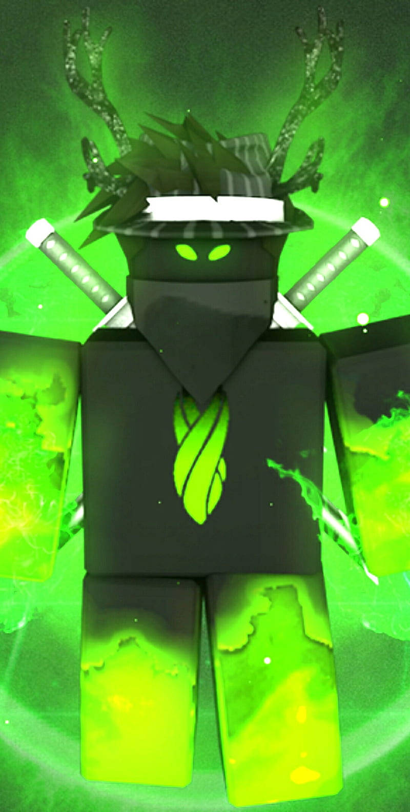 數位藝術風格中，帶有鹿角和劍的綠色發光忍者頭像。 — Roblox 壁紙