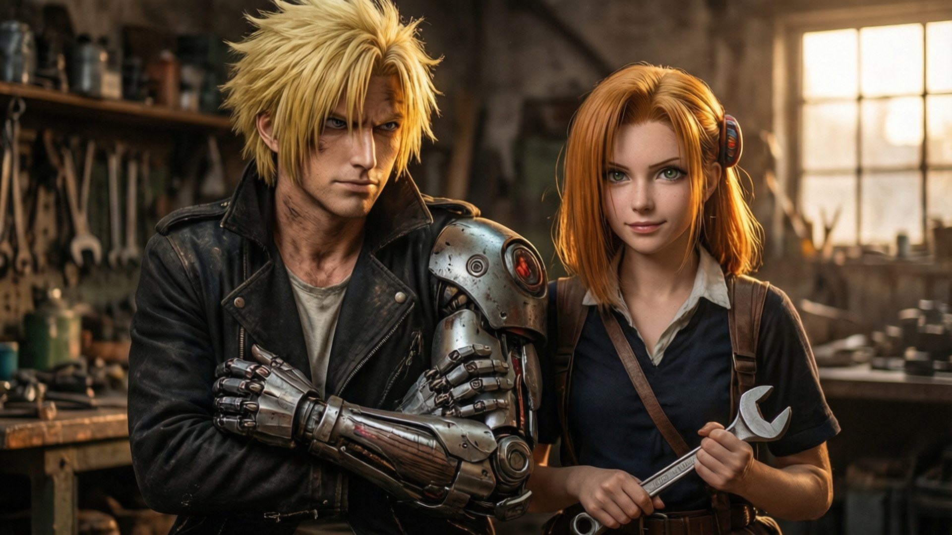 Ed and Winry in Workshop 壁紙 — 一個金髮男人帶著機械手臂站在一個紅髮女人旁邊，她拿著扳手在一個雜亂的工作室裡。