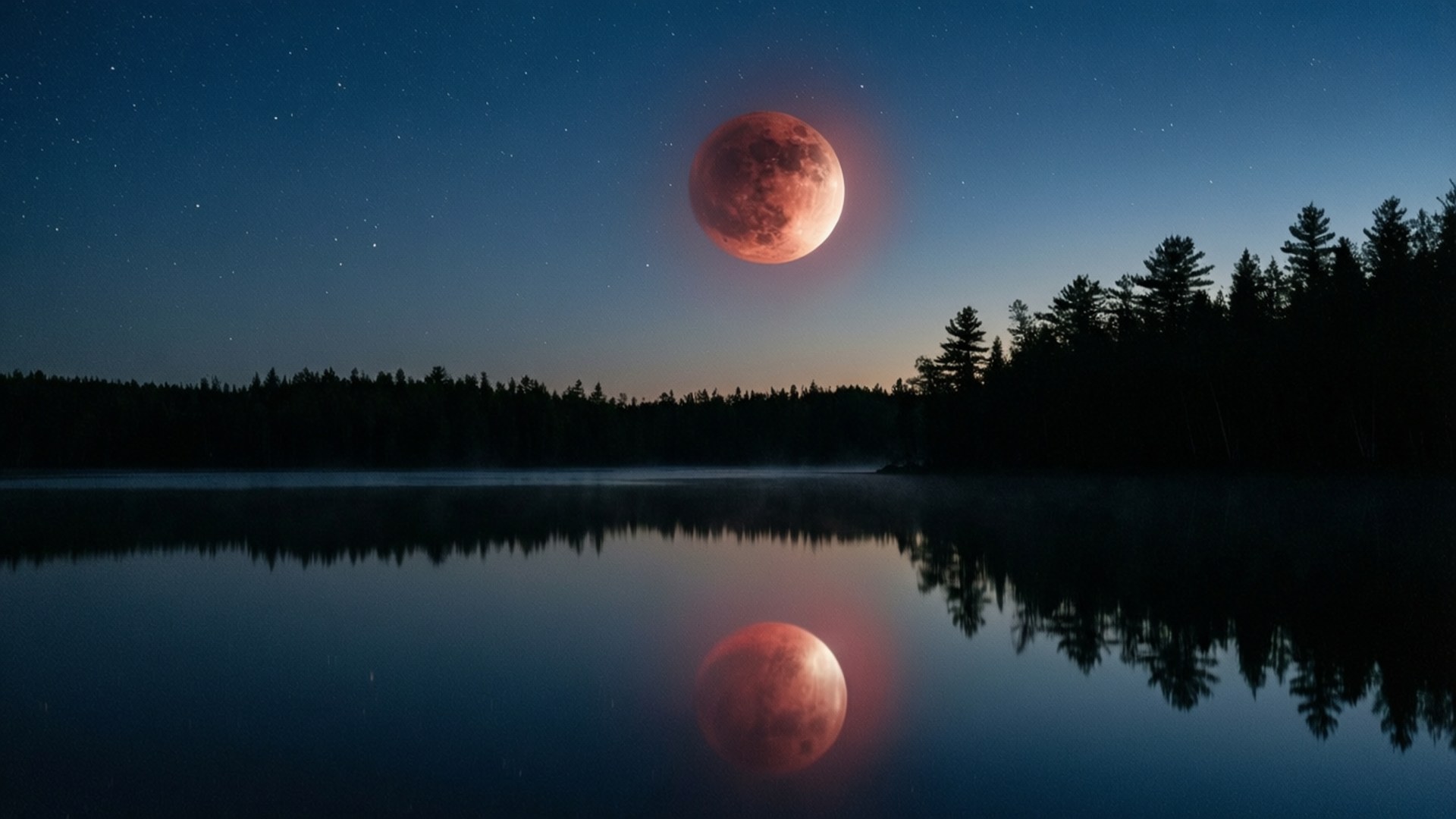 Lunar Eclipse Lake Reflection 壁紙 — 血月在霧氣瀰漫的湖泊上方發出紅光，將其詭異的光芒反射在繁星點點的暮色天空中。