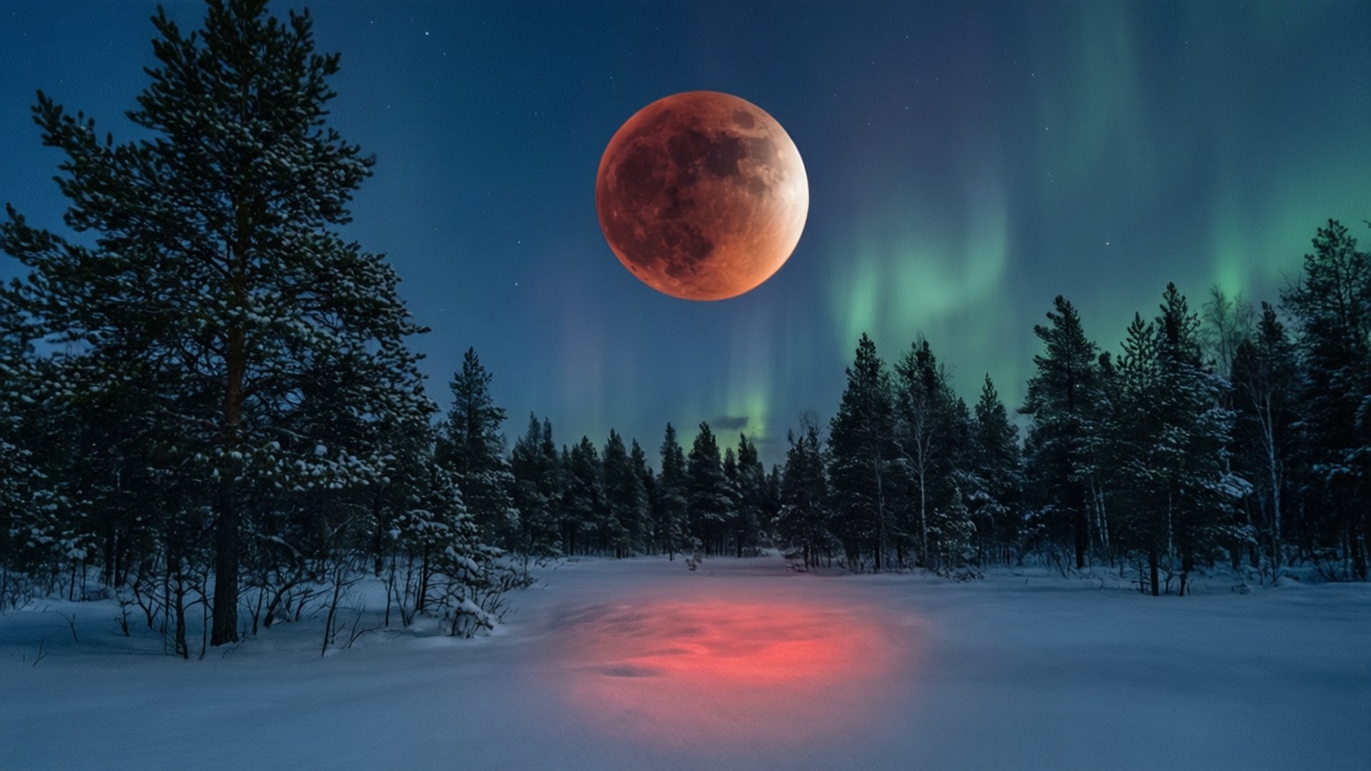 Snowy Eclipse Night 壁紙 — 血月懸掛在白雪覆蓋的森林上空，綠色極光在夜空中舞動。