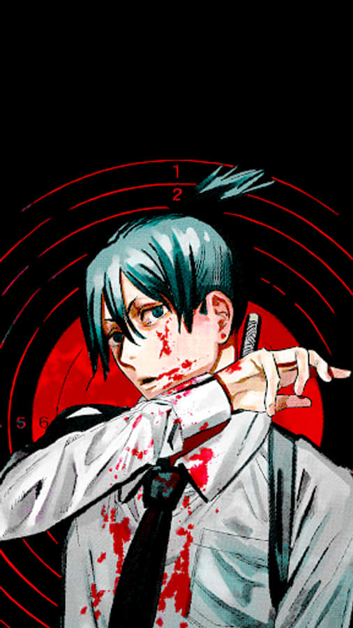 Chainsaw Man iPhone 桌布 壁紙 — 一個血跡斑斑的動漫男孩，青綠色頭髮，在紅色靶心背景前將刀架在自己喉嚨上。