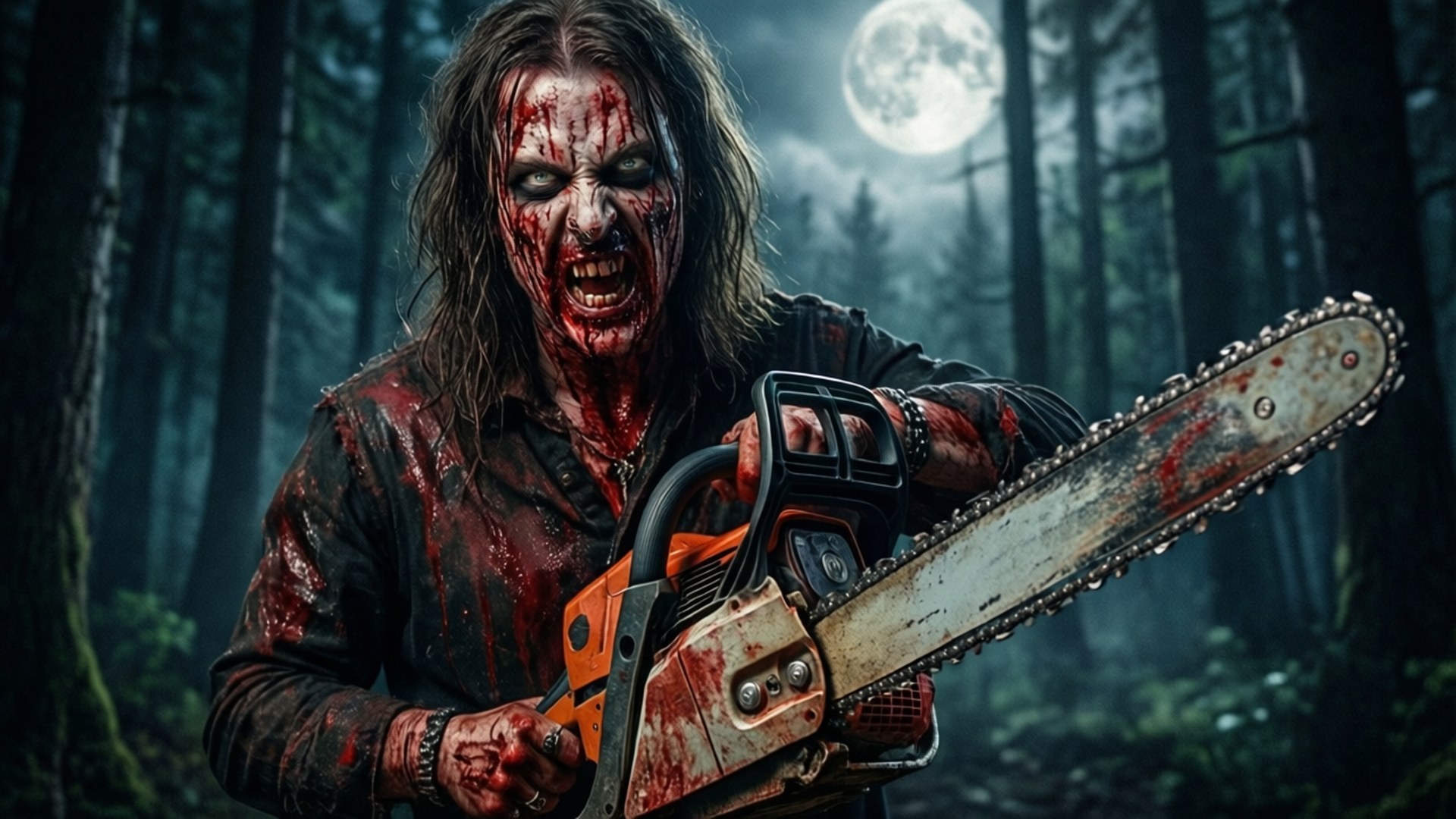 Chainsaw Horror 壁紙 — 一個血淋淋的電鋸殺人魔，頭髮凌亂，面容猙獰，站在滿月下的黑暗森林中，手持一把生鏽的電鋸。