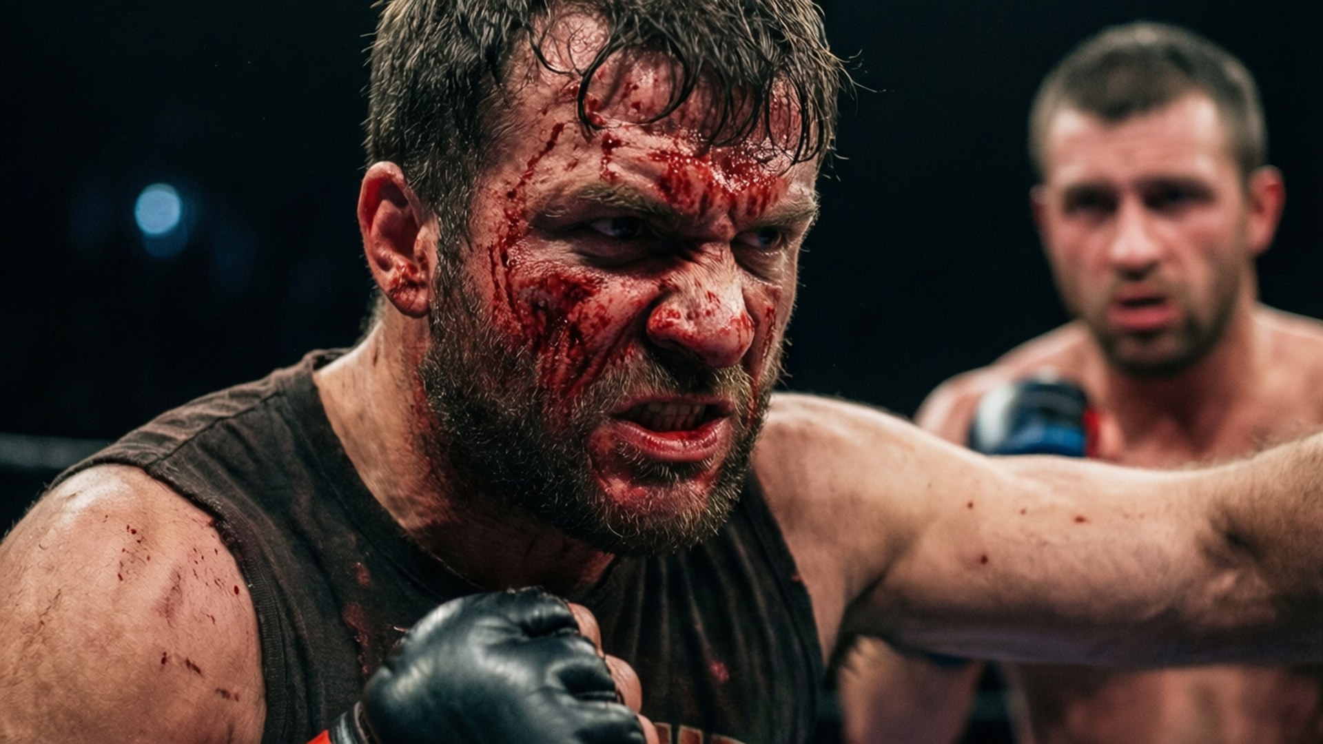 Bare Knuckle Brawl 壁紙 — 一個血跡斑斑的戰士帶著憤怒的表情在昏暗的競技場中揮出一拳，而他的對手在旁觀看。