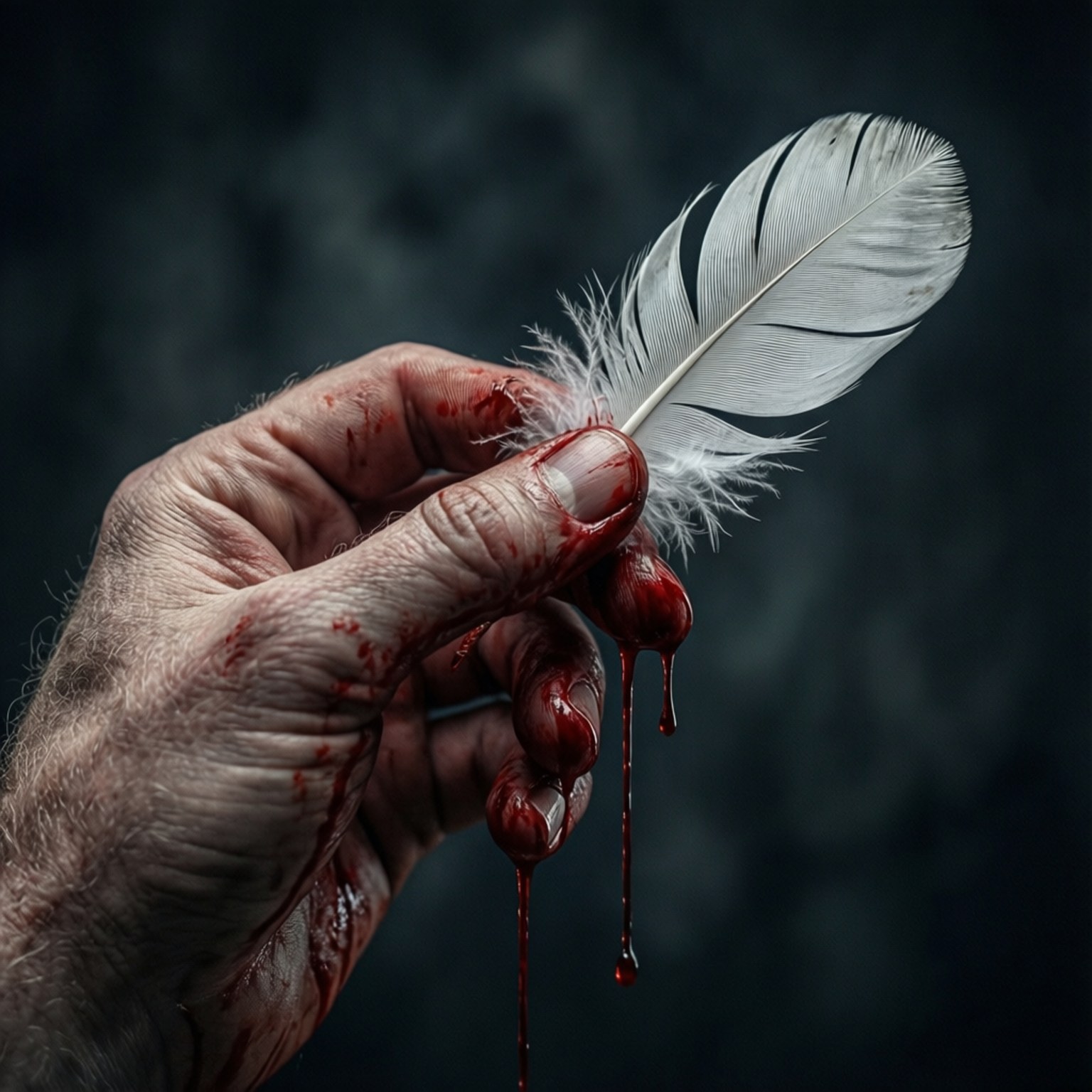 Feather and Blood 壁紙 — 一隻血淋淋的手緊握著一根白色羽毛，深紅色的水滴在黑暗煙霧背景中落下。