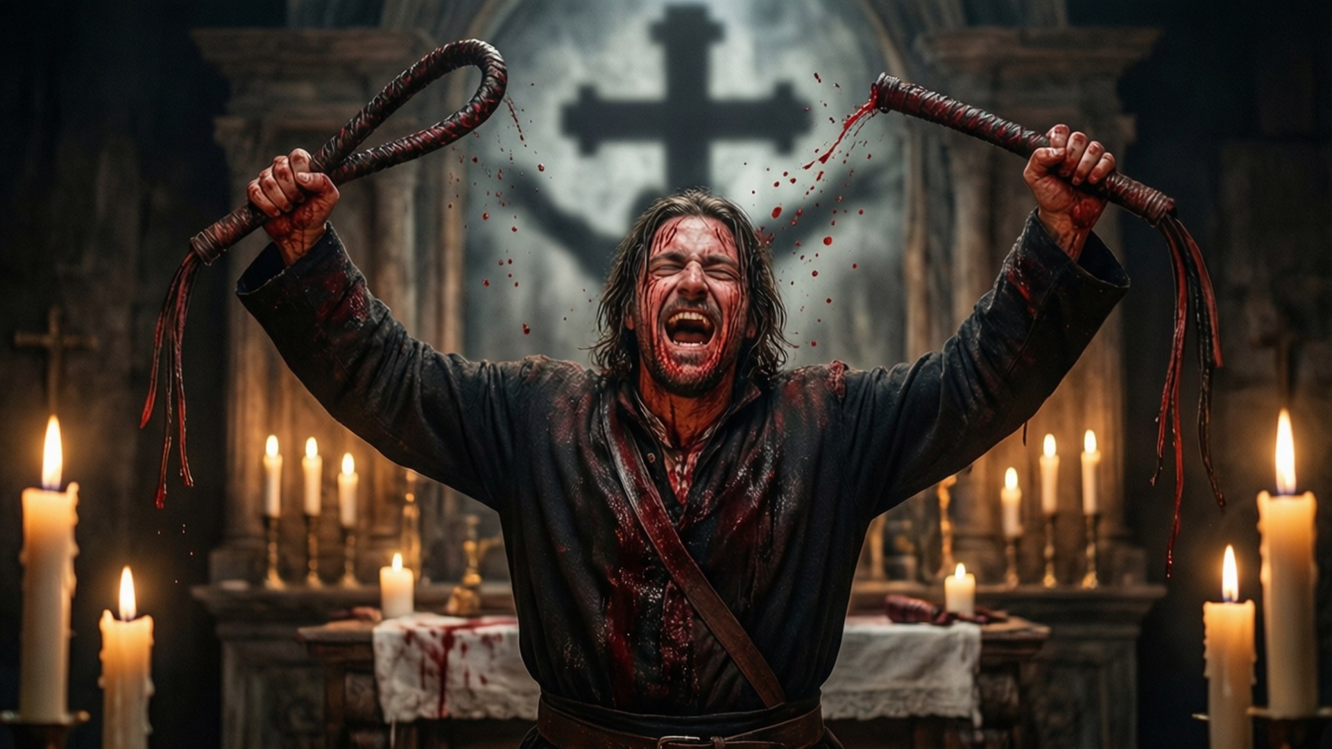 Flagellant's Penance 壁紙 — 一個血淋淋的男人在燭光照耀的教堂裡，身後有一個大十字架，揮舞著兩條鞭狀武器，痛苦地尖叫。