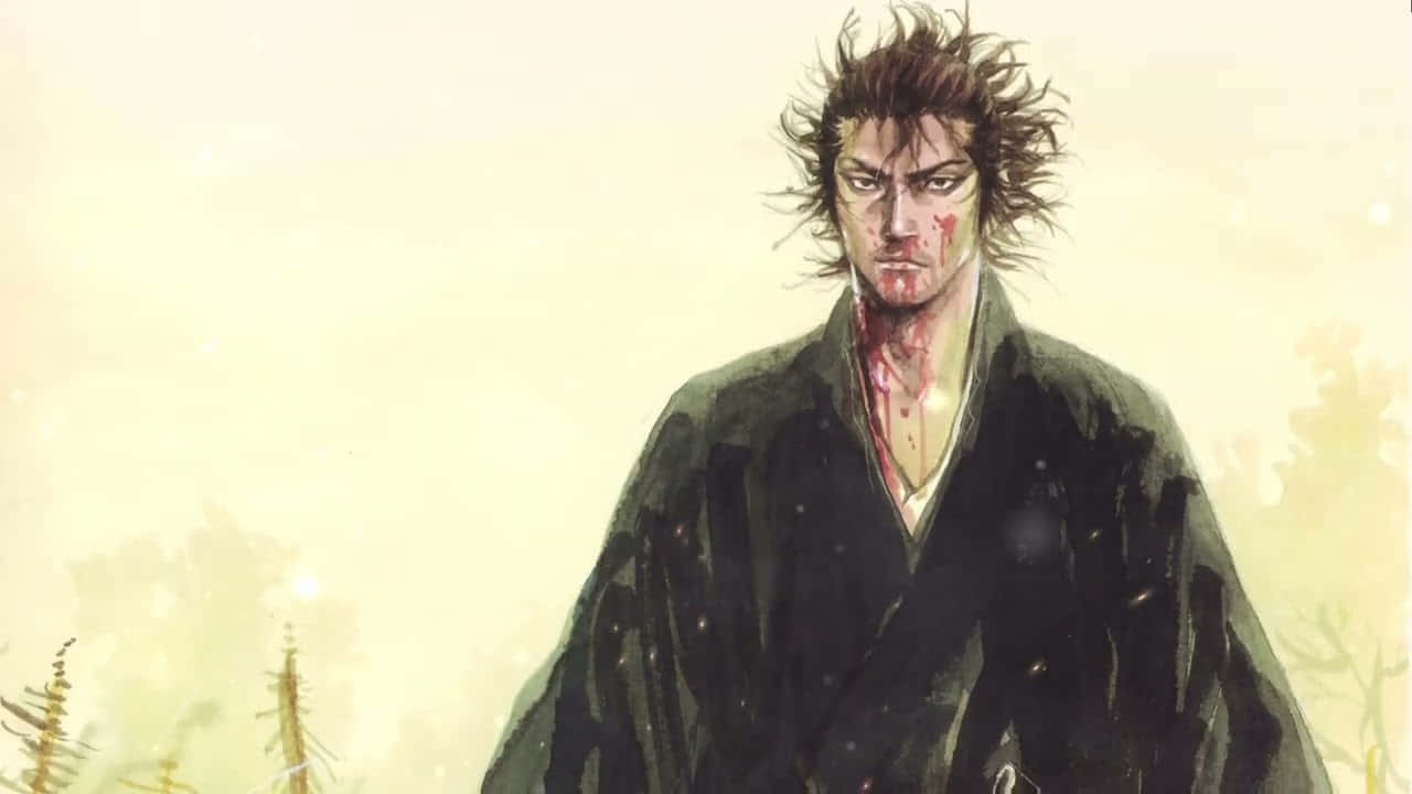  壁紙 — 一個渾身是血、頭髮狂野的武士戰士，在模糊樹木的朦朧淡色背景下，目光炯炯地向前凝視。