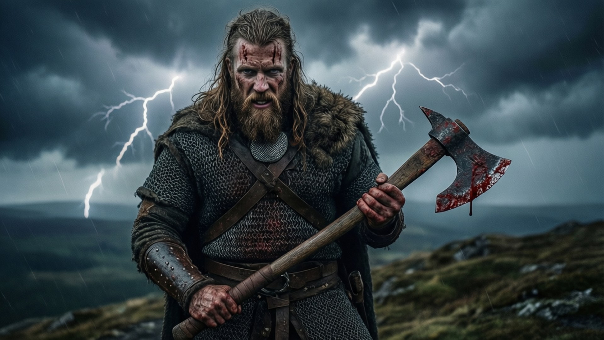 Stormborn Berserker 壁紙 — 一個血跡斑斑的維京戰士手持戰斧，挑釁地站在暴風雨的山丘上，閃電劃破黑暗的天空。