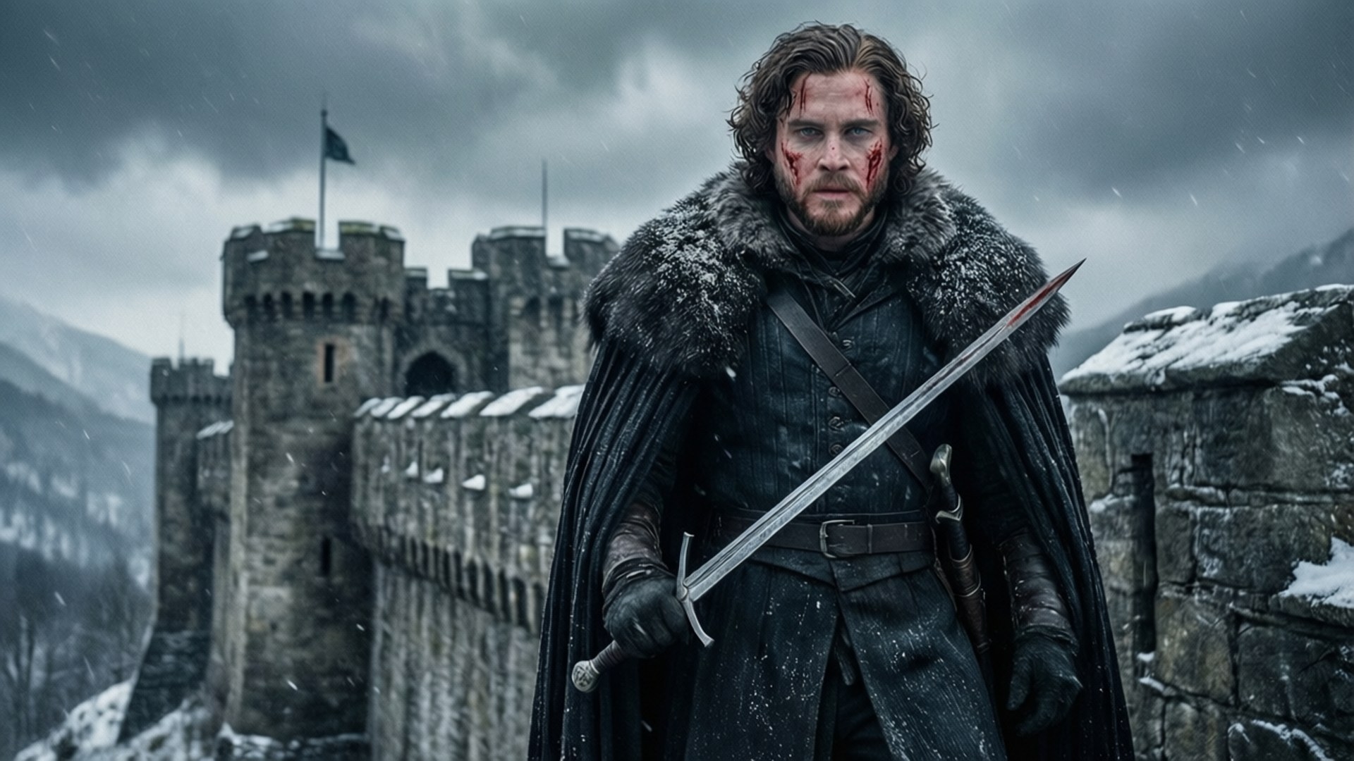 Jon Snow on the Walls 壁紙 — 一個血跡斑斑的戰士，身穿毛皮襯裡斗篷，在風暴天空下，挑釁地站在積雪的城堡牆上，手持劍。