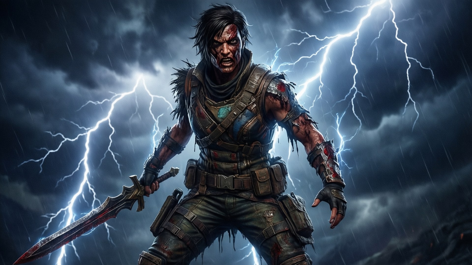 Lightning Strike Calamity 壁紙 — 一個血淋淋的戰士手持劍，在閃電交加的暴風雨天空下挑釁地站立。