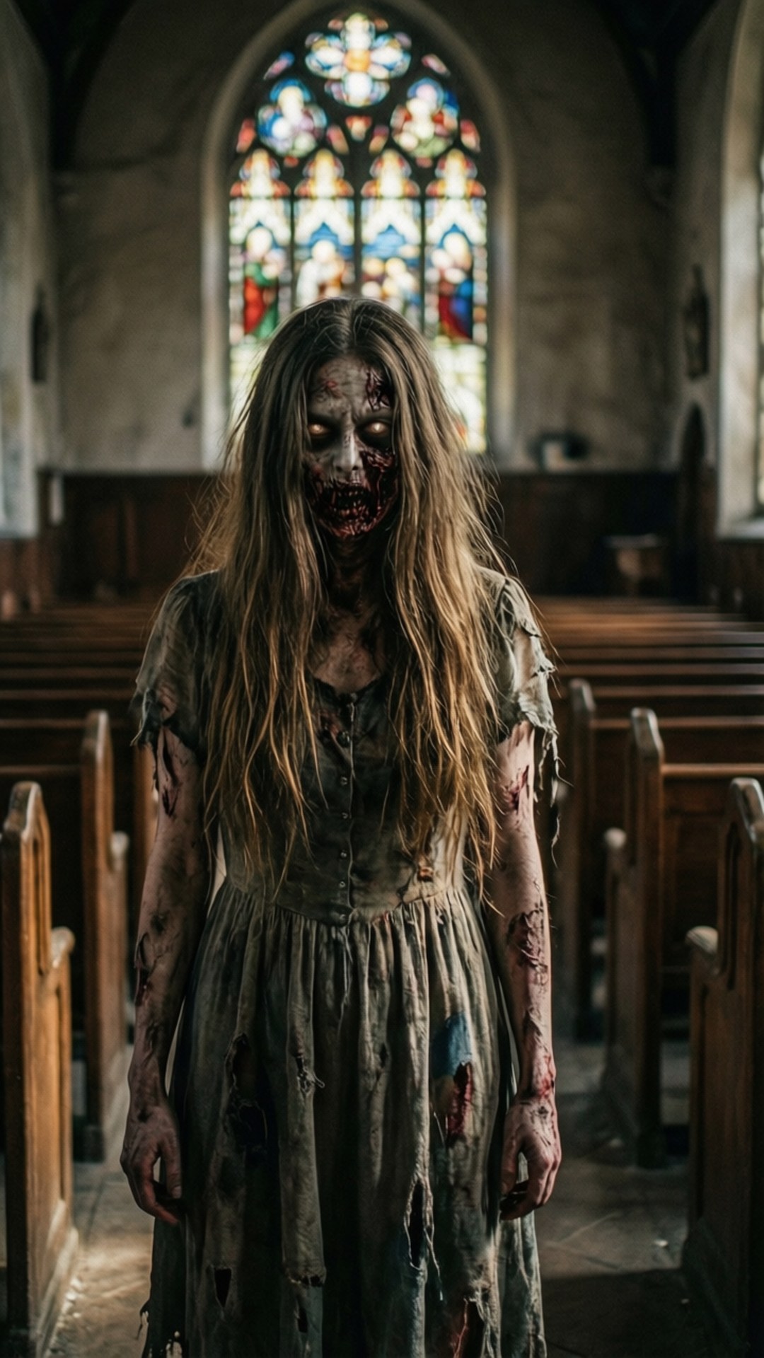 Church of the Damned 壁紙 — 一個血淋淋的殭屍女人穿著破爛的裙子，站在光線昏暗的教堂走道中央，身後是彩色玻璃窗。