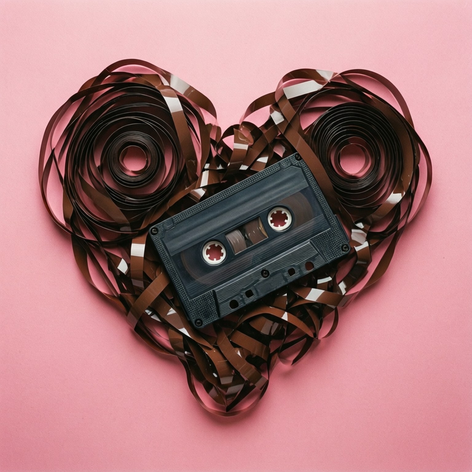 Cassette Heart Spill 壁紙 — 一個藍色卡式帶放在一個由纏結的棕色和白色膠帶條組成的愛心中央，背景是柔和的粉紅色。