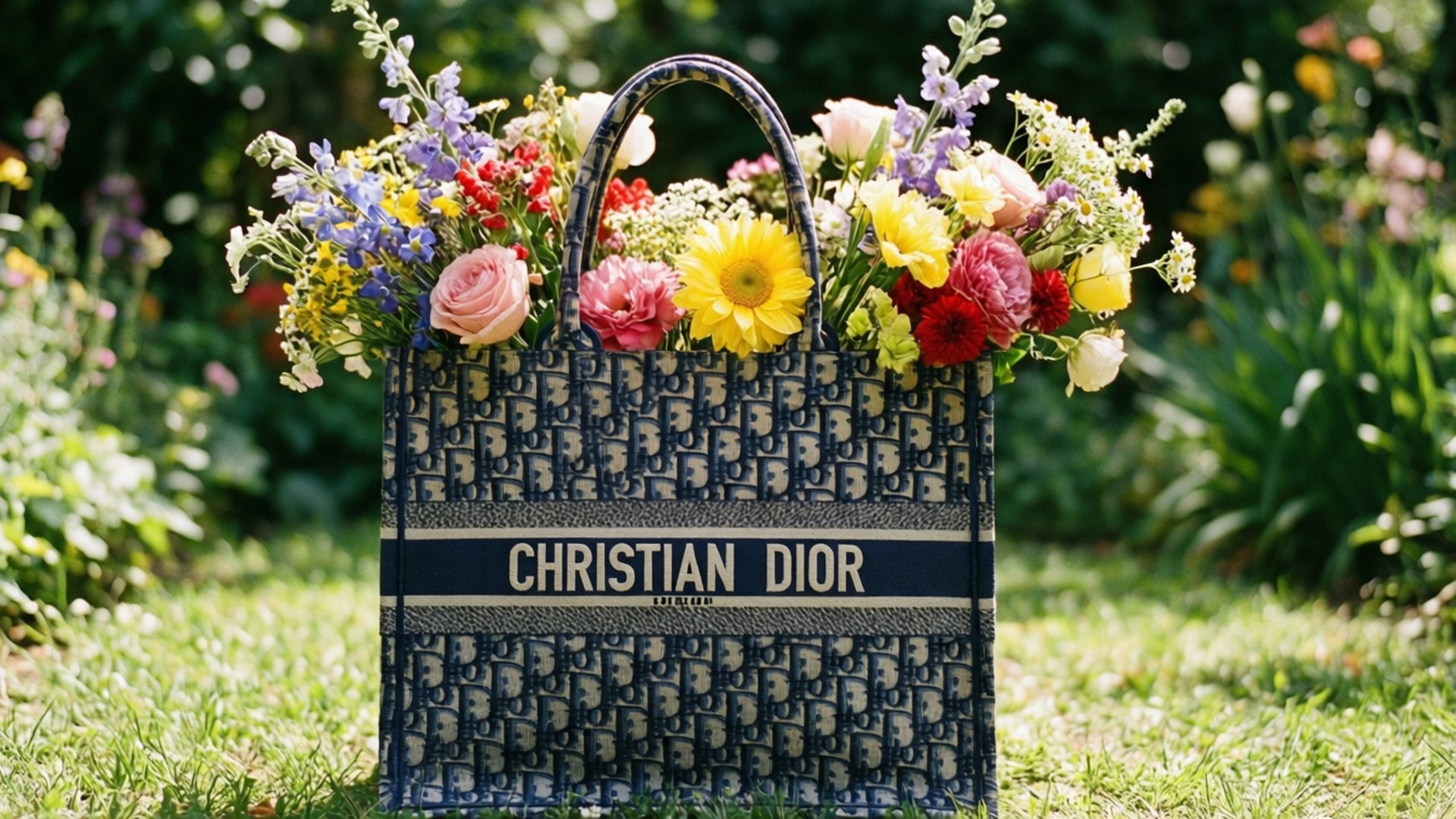 Dior iPhone 桌布 壁紙 — 一個藍色 Christian Dior 手提包，裝滿色彩繽紛的野花，放在陽光普照的花園中的綠色草地上。