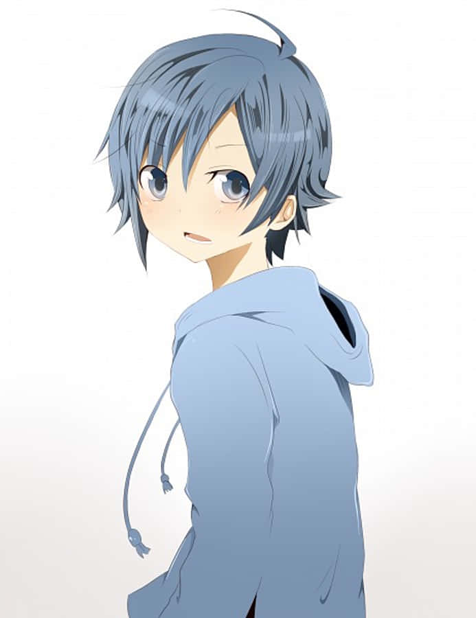 Bakuman Moritaka Mashiro 桌布 壁紙 — 一個藍髮動漫男孩穿著淺藍色連帽衫，溫柔地轉頭越過肩膀。