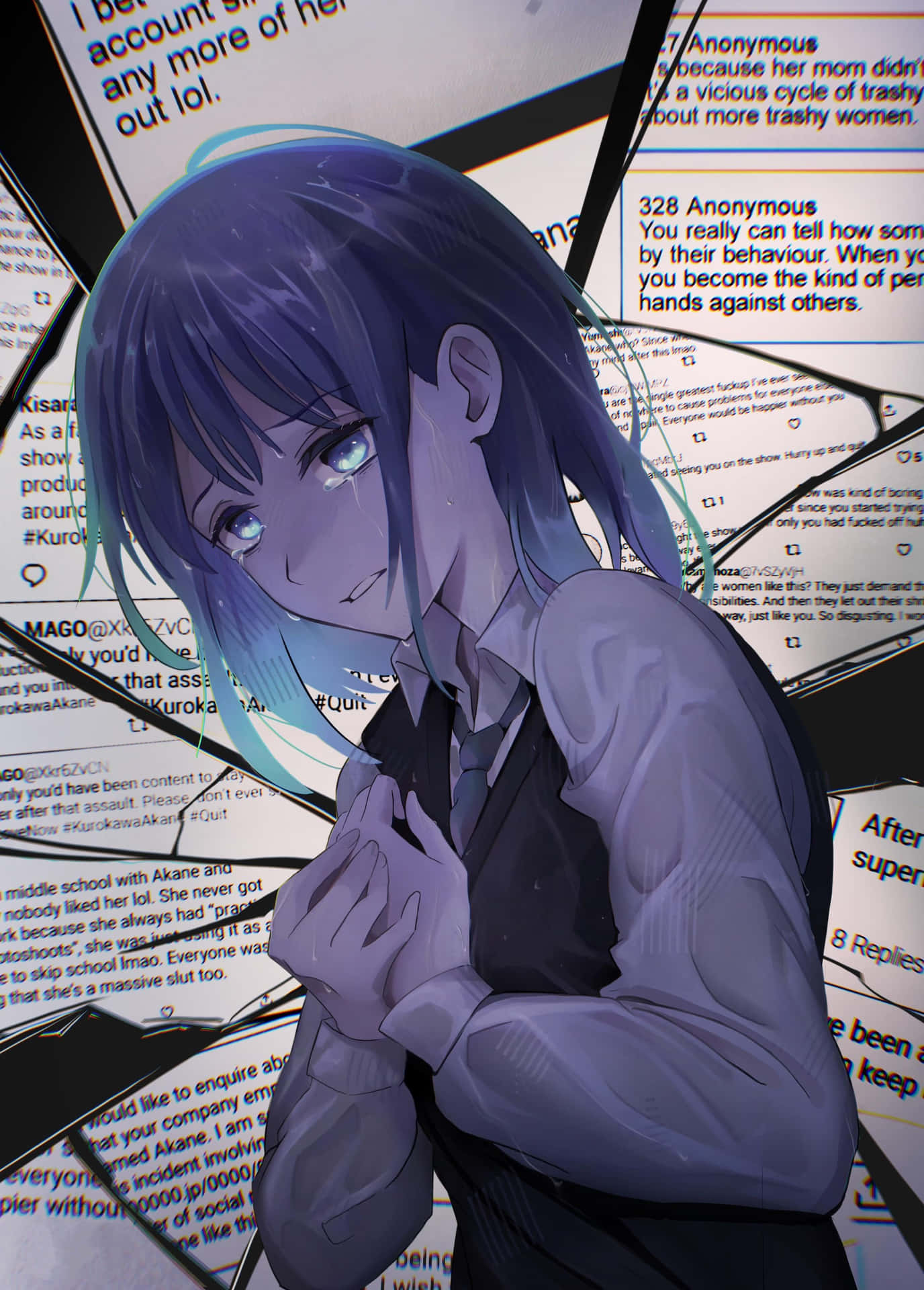  壁紙 — 一位藍髮動漫少女穿著校服，站在破碎的社交媒體貼文中，眼神憂鬱。
