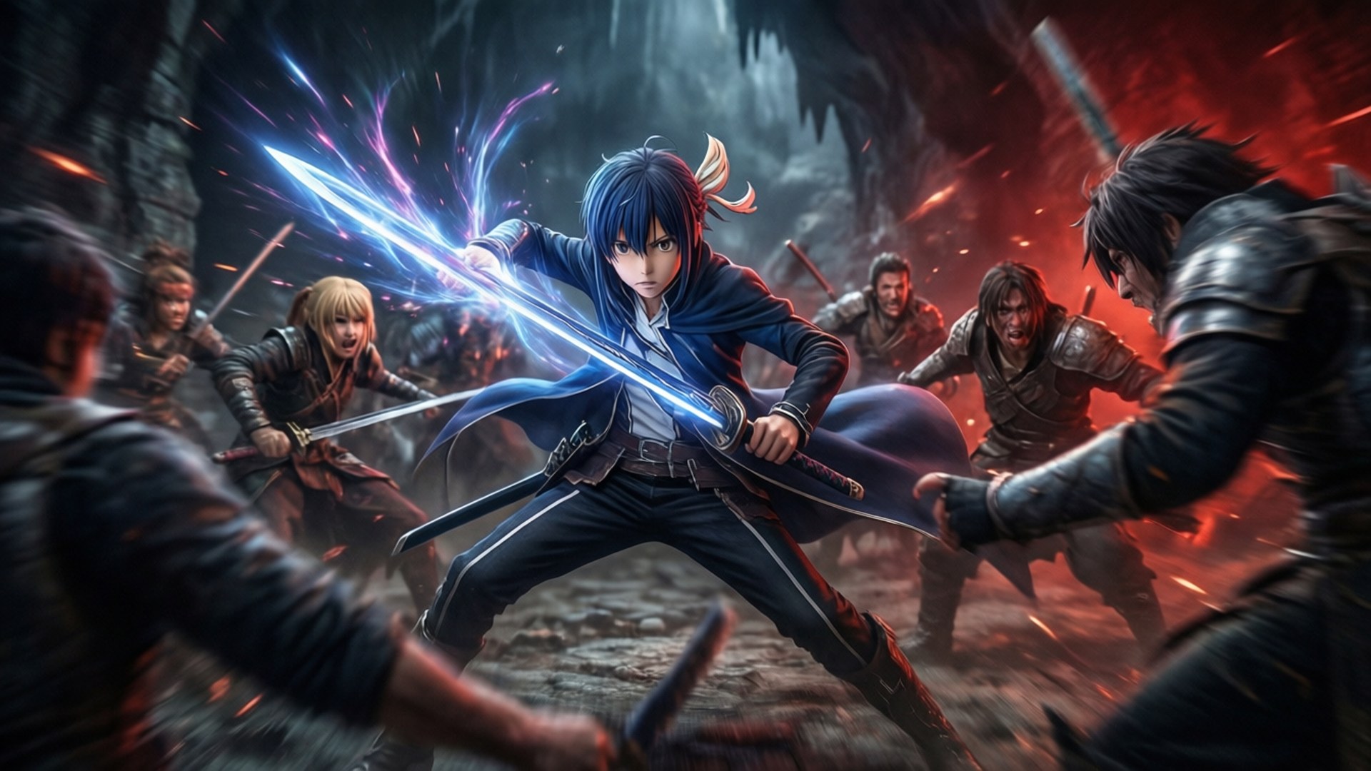 Kirito vs Many 壁紙 — 藍髮戰士揮舞發光劍斬擊，敵人在熾熱洞穴戰鬥中衝鋒。