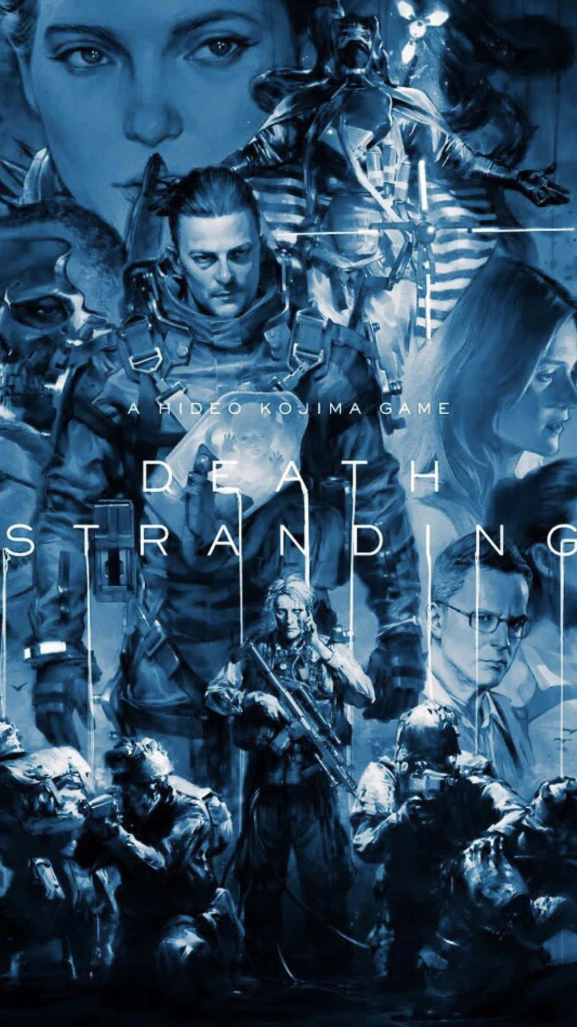 Action 桌布 壁紙 — Death Stranding 角色的藍色調拼貼畫，中央人物身穿戰術裝備，周圍環繞其他角色，構成電影般的畫面。