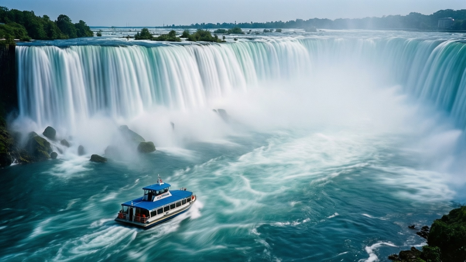 Silky Falls and Boat 壁紙 — 一艘藍色觀光船在鬱鬱蔥蔥的綠色植物環繞的巨型瀑布底部，航行在湍急的碧綠海水中。