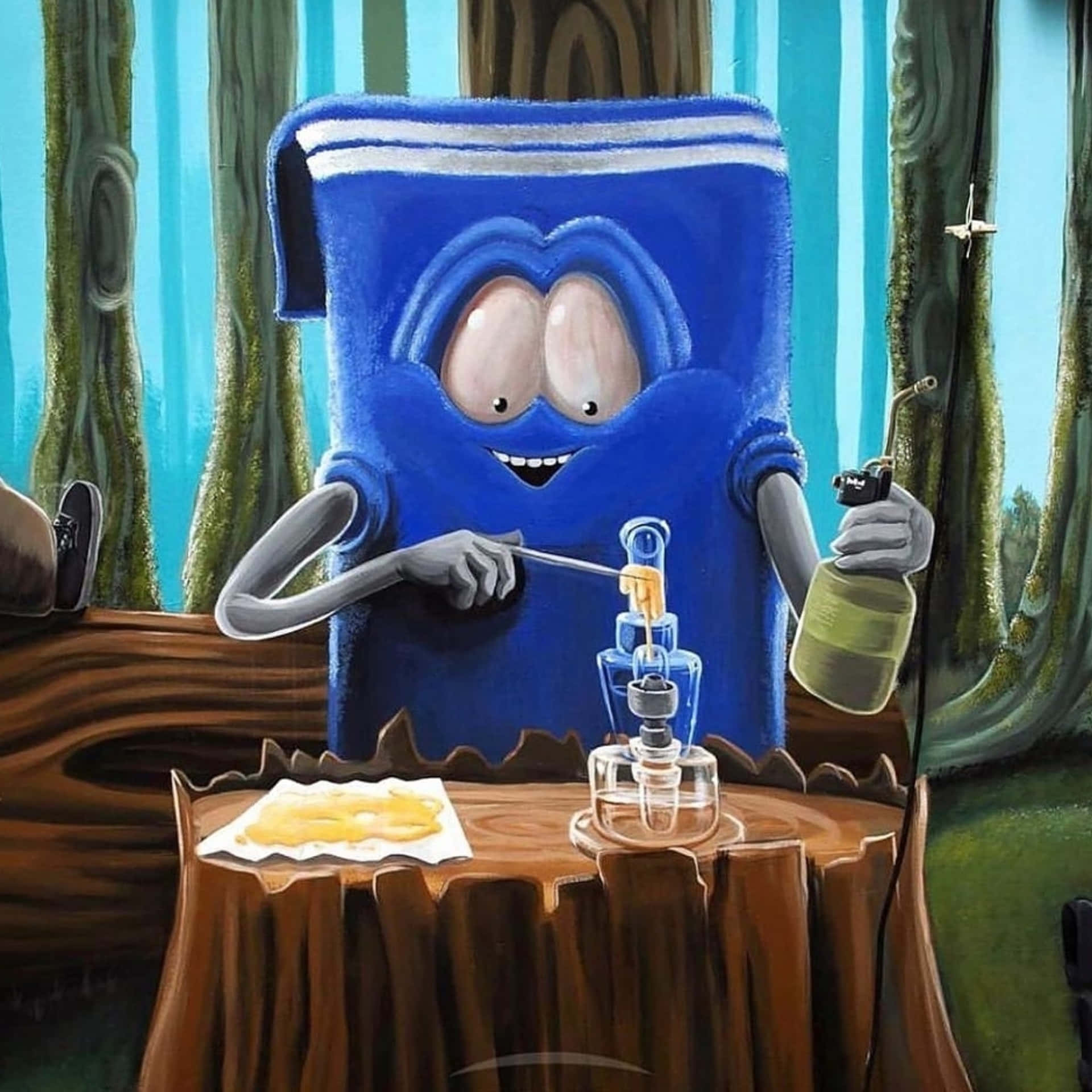  壁紙 — 一個藍色毛巾角色，眼睛圓滾滾，微笑著在森林的樹樁上準備水煙筒。